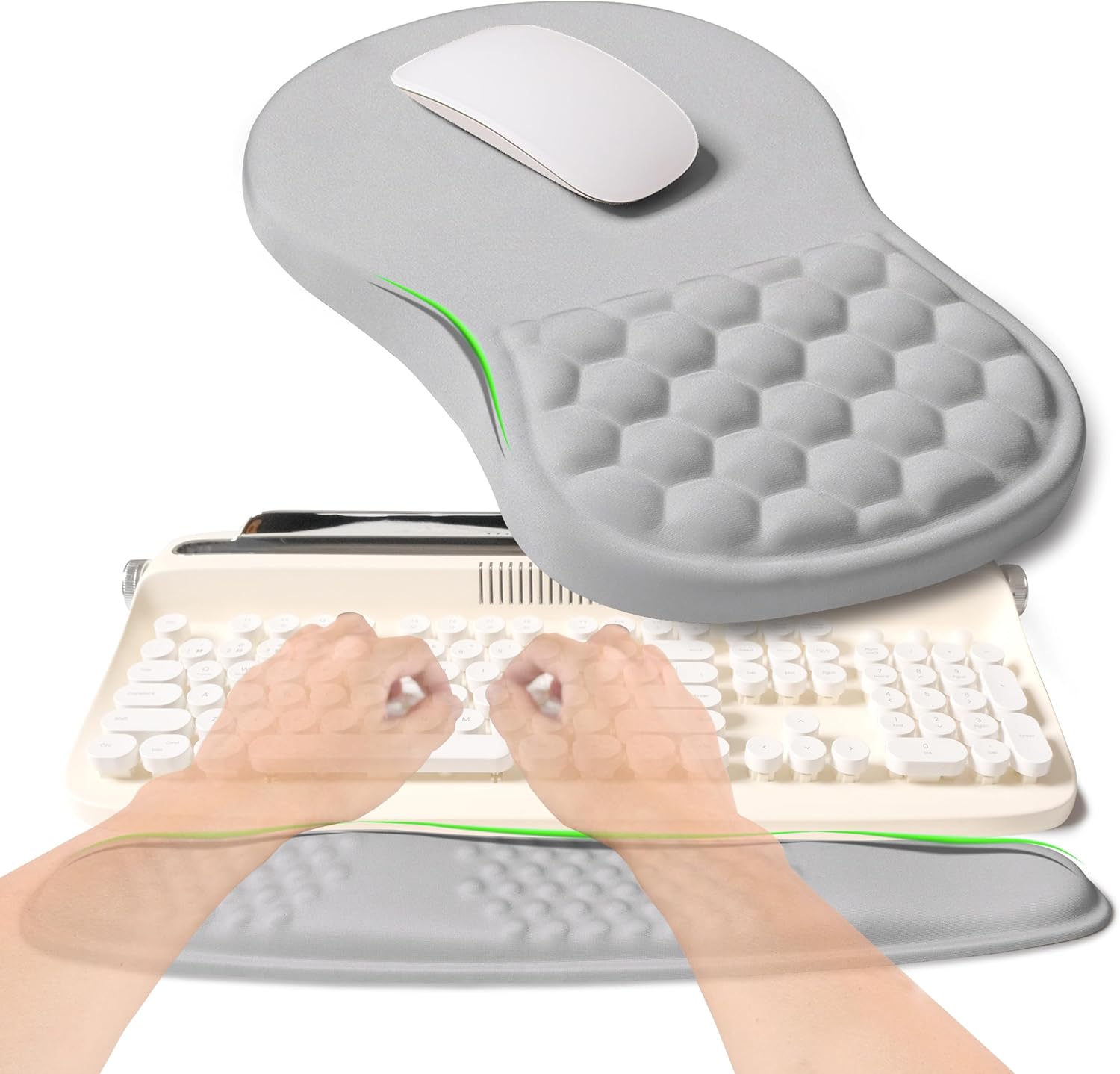 2-in-1 Ergonomic Set, Wave Rise Keyboard Wrist Rest and Massage Bulge Slope Mouse Pad Wrist Support, Cushion Memory Foam Integrated to Relieve Wrist Pain, Silver Gray