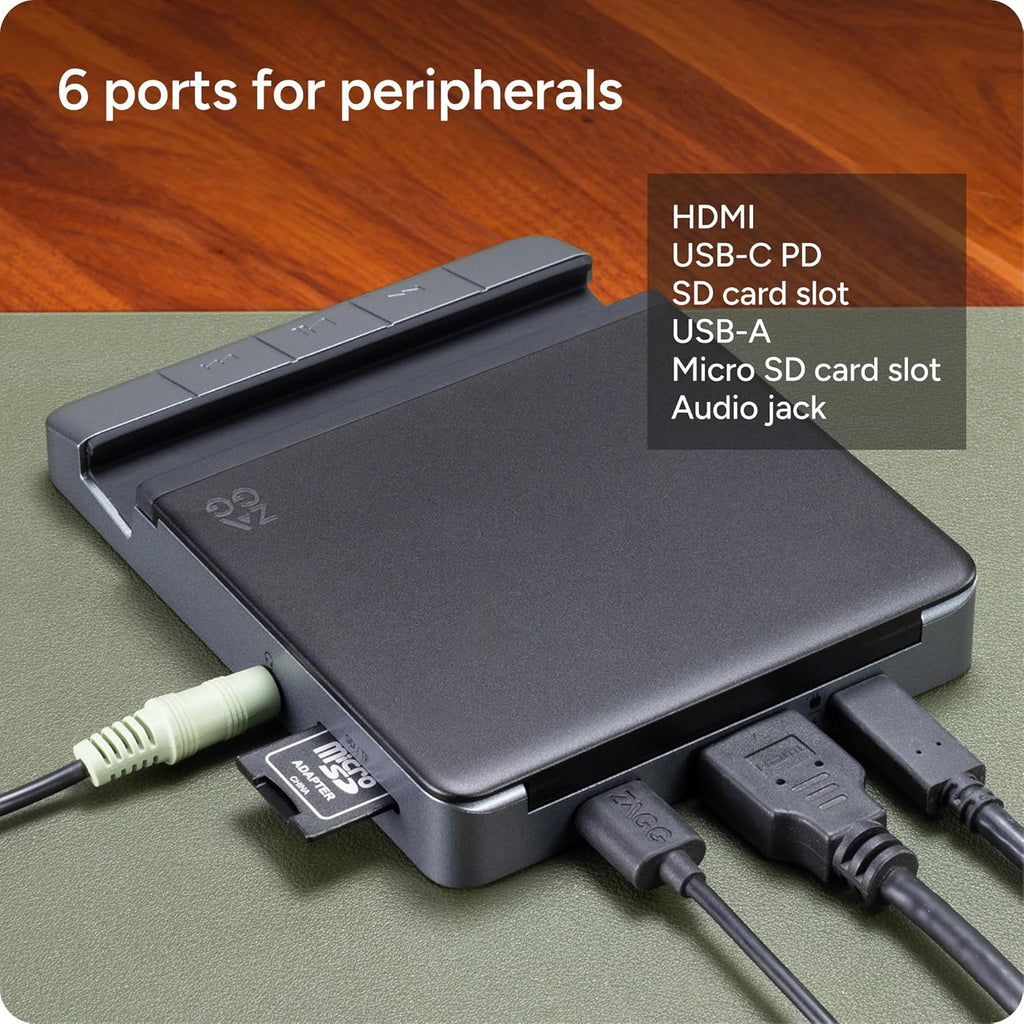 ZAGG 6-Port Media Hub – for iPad, Chromebook, Android & More – HDMI 4K 60Hz, USB-C PD 100W, USB-A 3.2 10Gbps, SD & MicroSD Card Readers, Audio Jack – Compact & Durable w/Media Buttons
