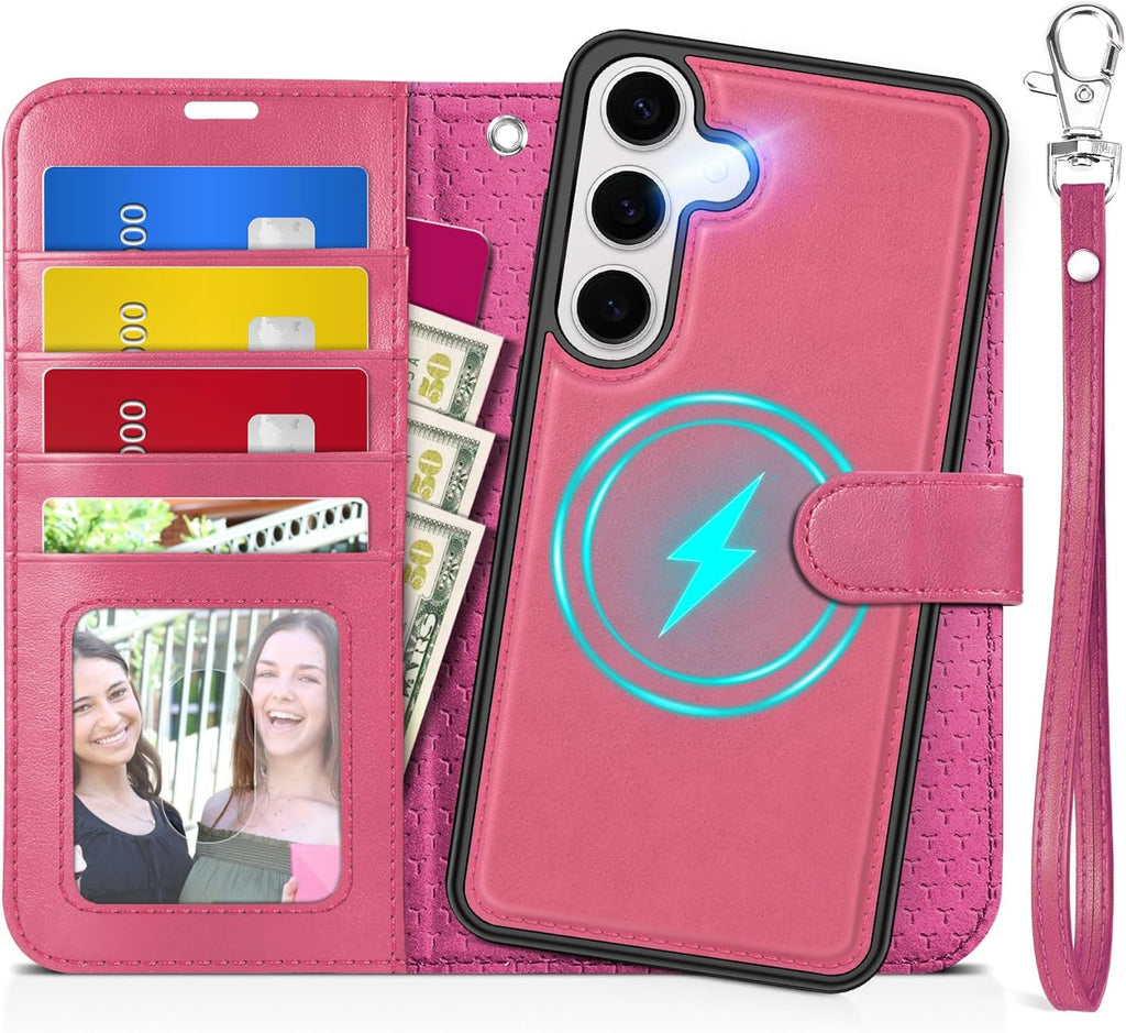 TUCCH Case for Galaxy S25 Plus, [Detachable] 2 in 1 Magnetic PU Leather Wallet Case Wrist Strap RFID Blocking Wireless Charging 4 Card Holder Stand Removable Folio Cover for Galaxy S25 Plus, Hot Pink
