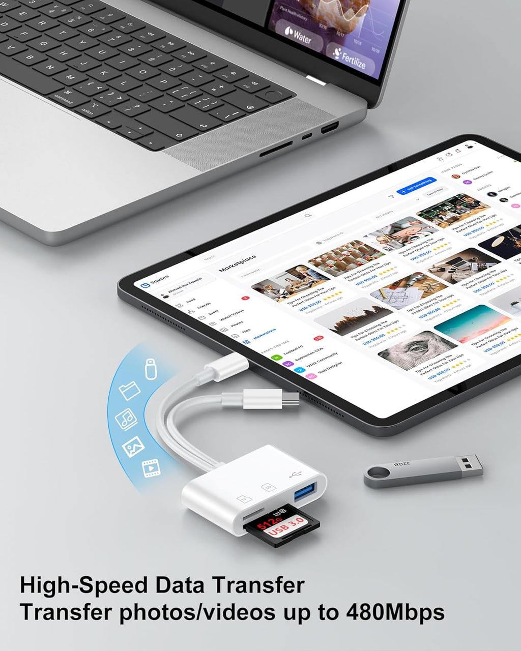 SD Card Reader for iPhone, iPad, Samsung, Memory SD Card Reader USB C&Lightning Dual Port Micro SD Card Reader with USB Camera Adapter Plug and Play Trail Game Camera Card Viewer Supports SD/TF Card