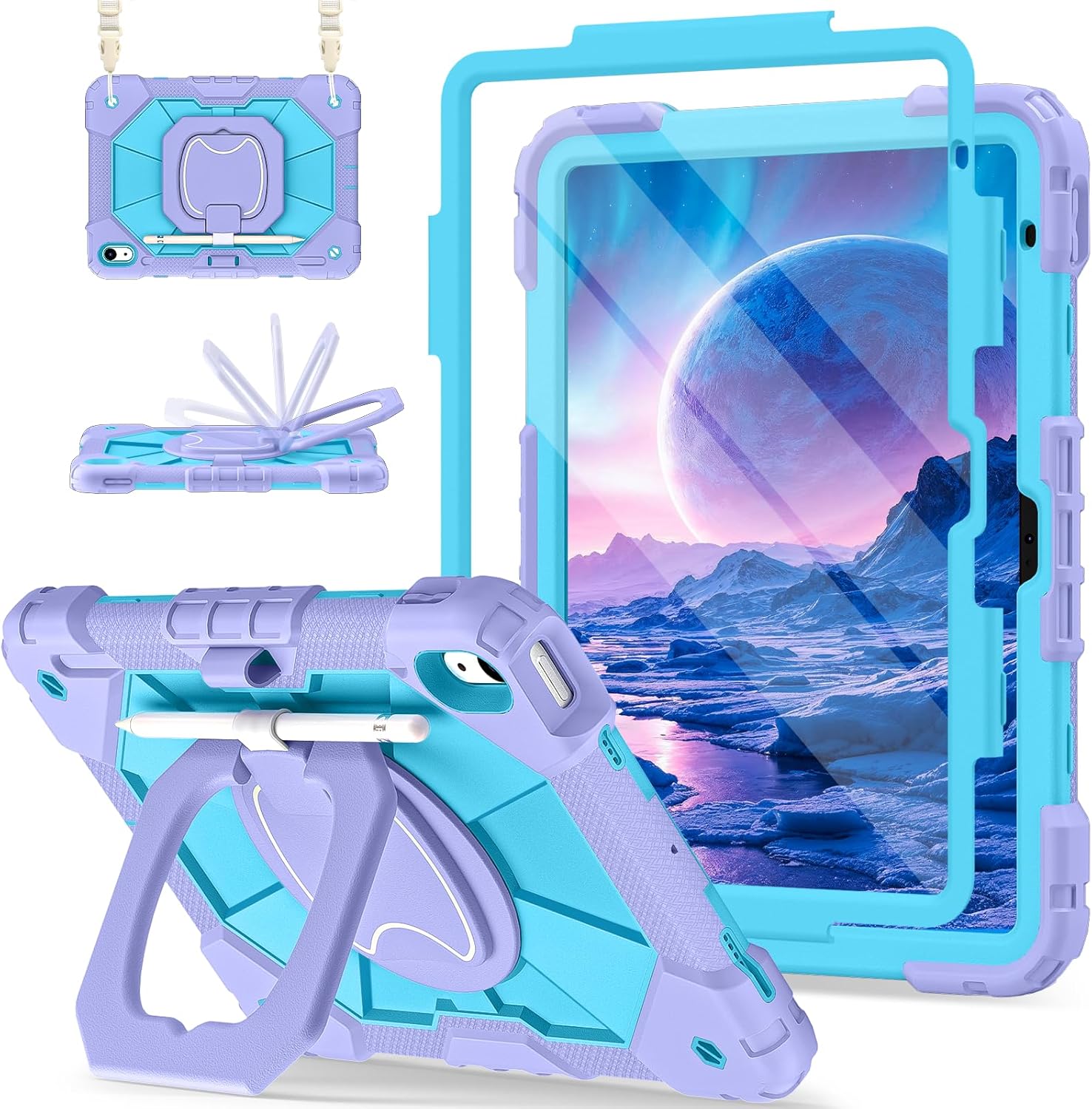 Case for iPad (A16) 11th Generation 11 Inch (2025), iPad 10th Generation Case 10.9 Inch (2022), Shockproof Cover with 360° Rotating Stand Screen Protector Pen Holder Shoulder Strap, Purple Blue