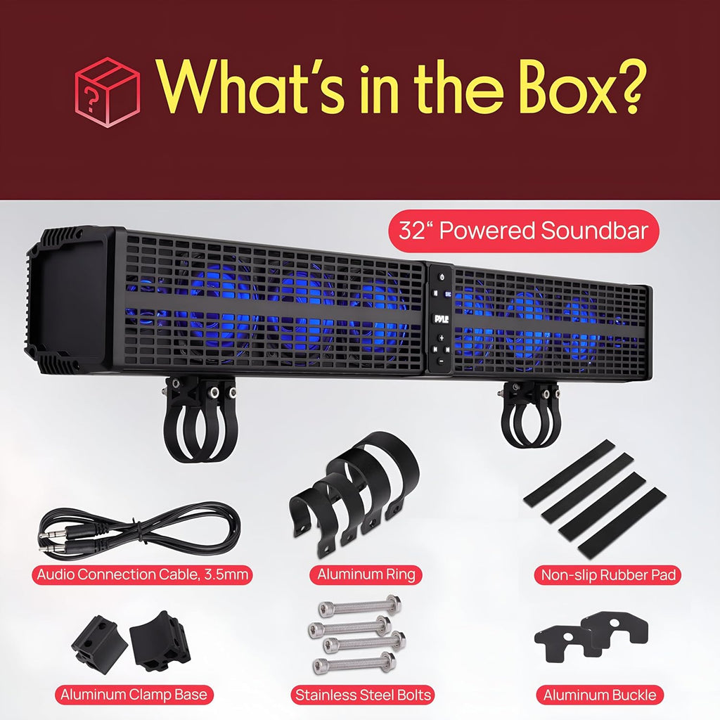 Pyle 32" Powered ATV/UTV Soundbar System, 200W Bluetooth Speakers with Built-in Amplifier, Waterproof and Weatherproof, Wireless BT Streaming and Auxiliary Input, LED Lights