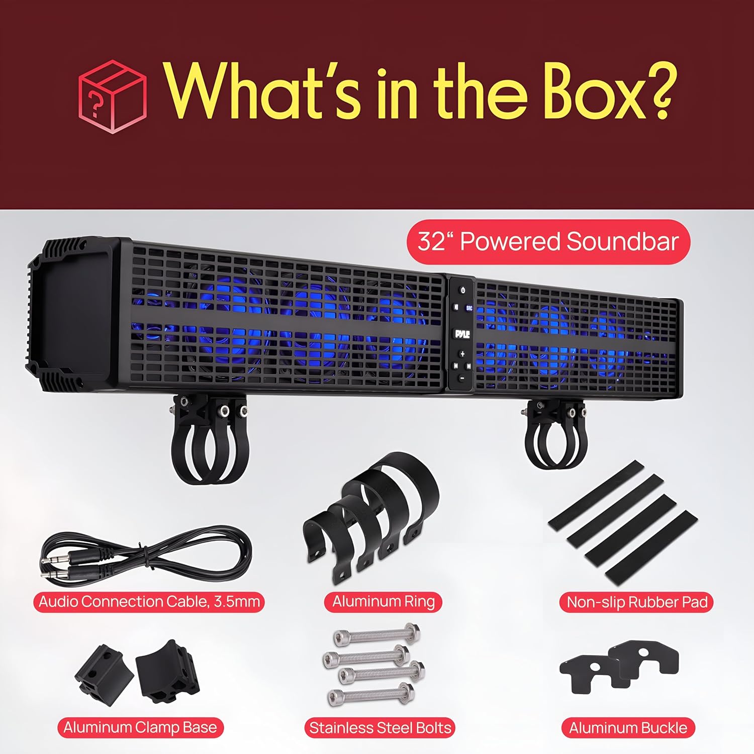 Pyle 32" Powered ATV/UTV Soundbar System, 200W Bluetooth Speakers with Built-in Amplifier, Waterproof and Weatherproof, Wireless BT Streaming and Auxiliary Input, LED Lights