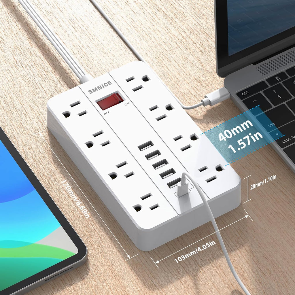Flat Plug Extension Cord 15 Ft, SMNICE Surge Protector Power Strip with 8 Widely Spaced Outlets and 6 USB(1USB C) Ports, Wall Mount Long Charging Station for Dorm Home, Office Accessories, White