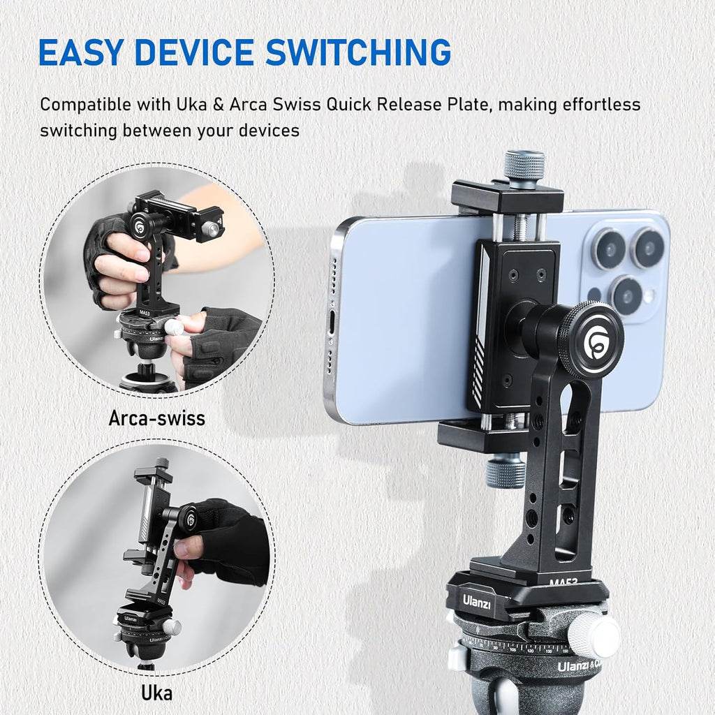 Ulanzi MA53 Metal Tripod Phone Mount, Smartphone Tripods Adapter with Arca Swiss/Uka Port, 2 Cold Shoe, 360° Cellphone Tripod Mount, for iPhone 17 Samsung Holder for Photo Video Vlogging Rig