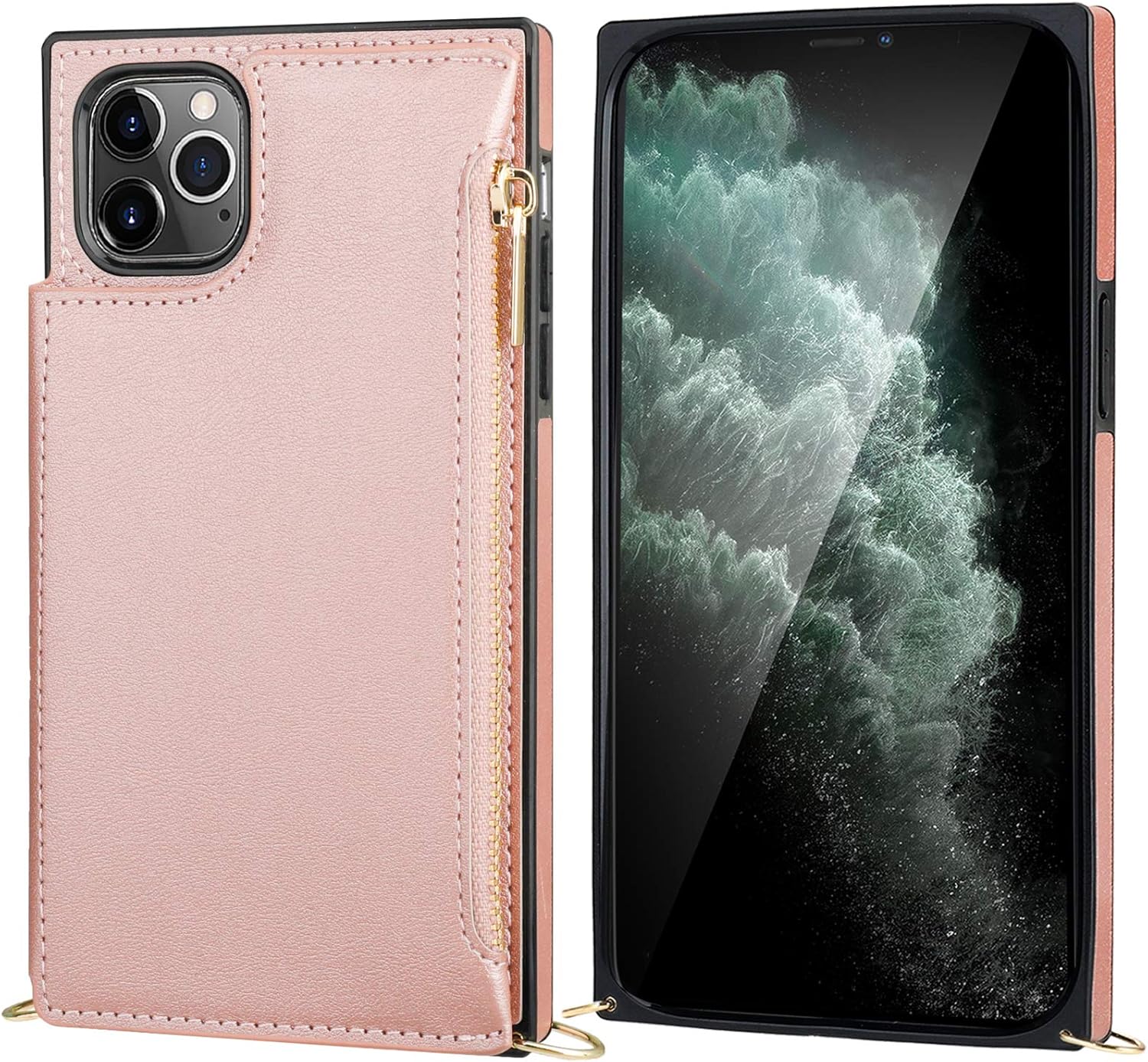 Bocasal Crossbody Wallet Case for iPhone 11 Pro Max with Card Holder,Zipper Card Slot Protector Shockproof Purse Cover with Removable Cross Body Strap 6.5 Inch(Rose Gold)