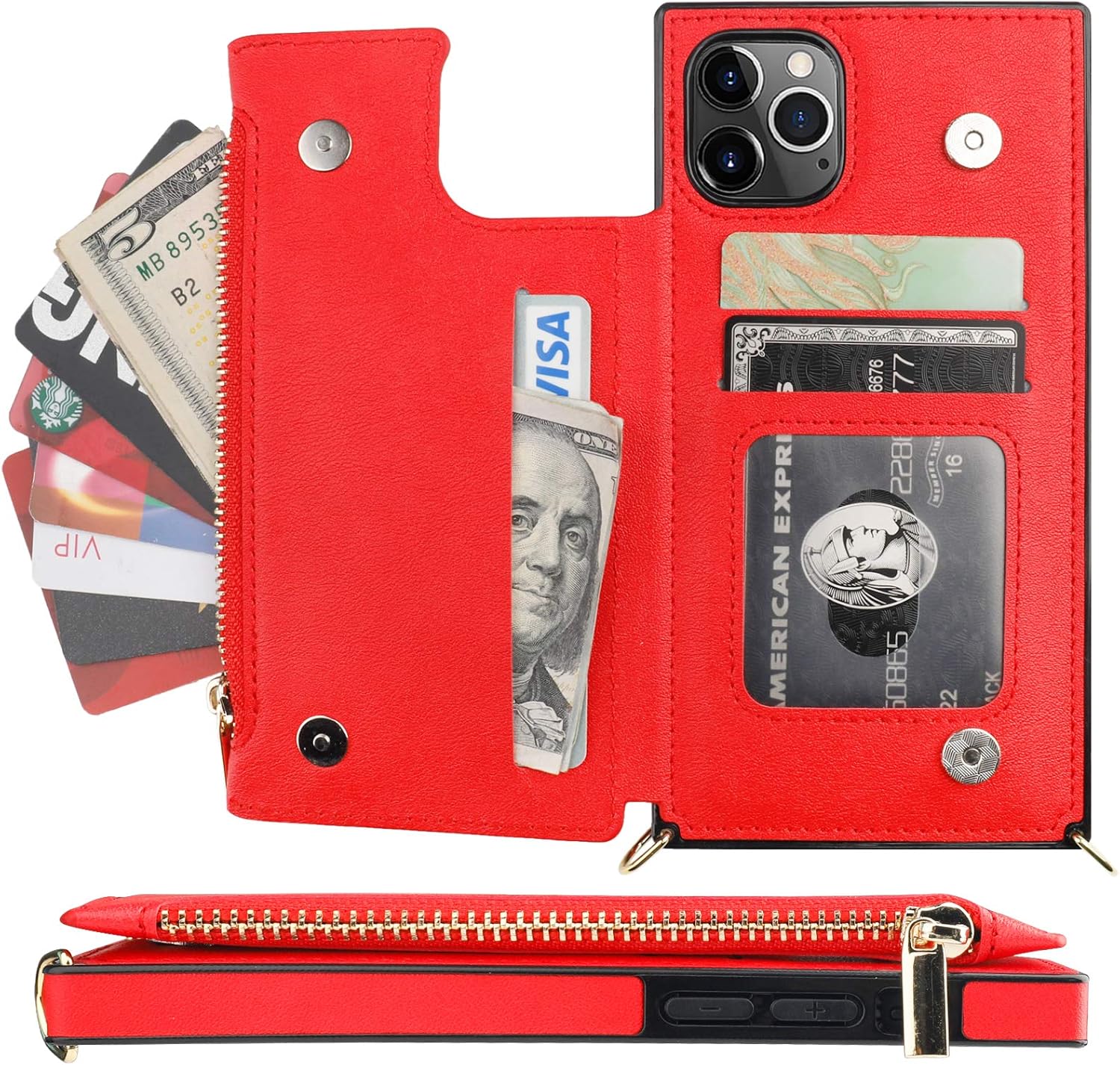 Bocasal Crossbody Wallet Case for iPhone 11 Pro with Card Holder,Zipper Card Slot Protector Shockproof Purse Cover with Removable Cross Body Strap 5.8 Inch(Red)