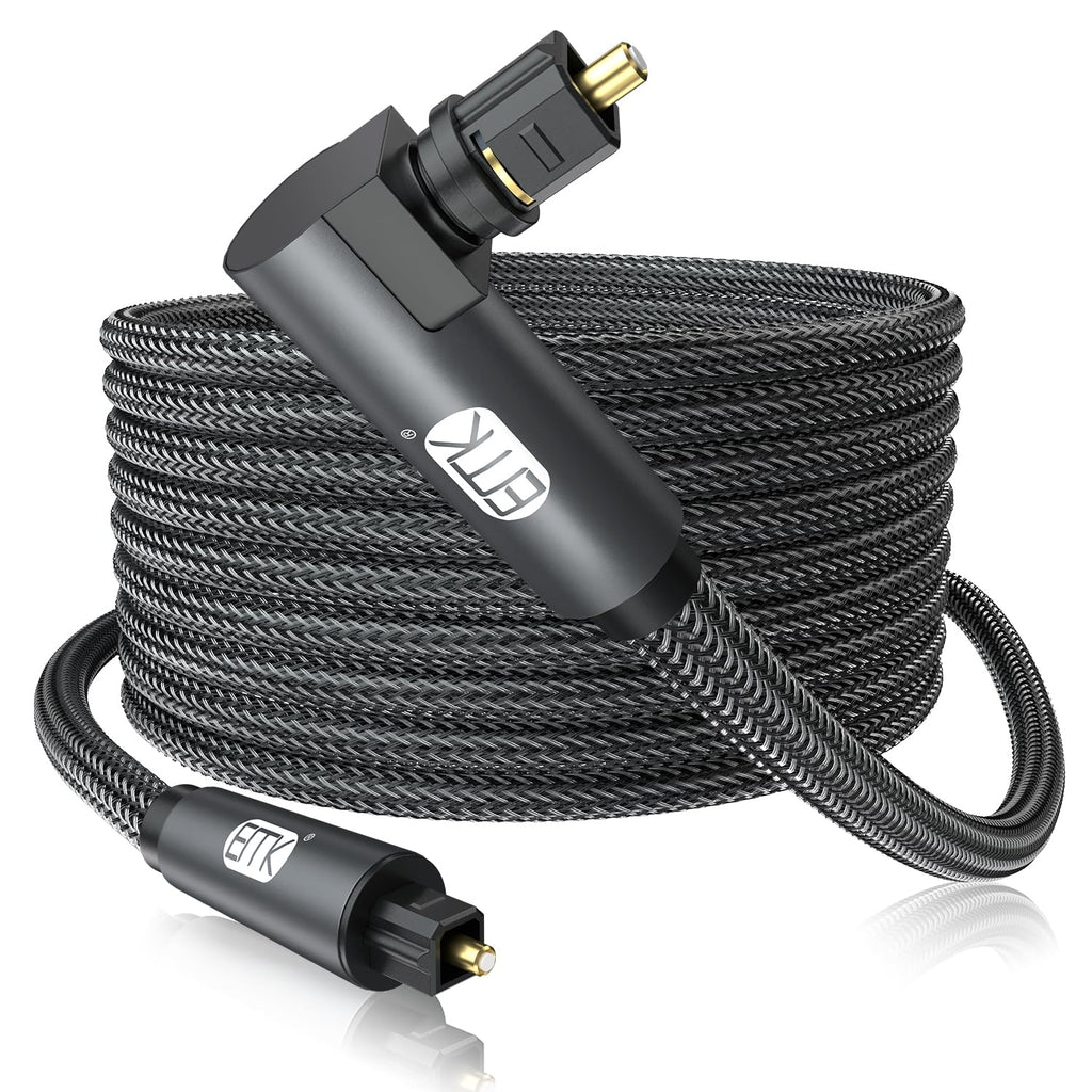 EMK 90 Degree Toslink Optical Cable 360 Degree Free-Rotating Plug Fiber Optic Cable S/PDIF Toslink Male to Male for Home Theater, Sound Bar, TV, PS4, Xbox,Grey (30ft/10m)