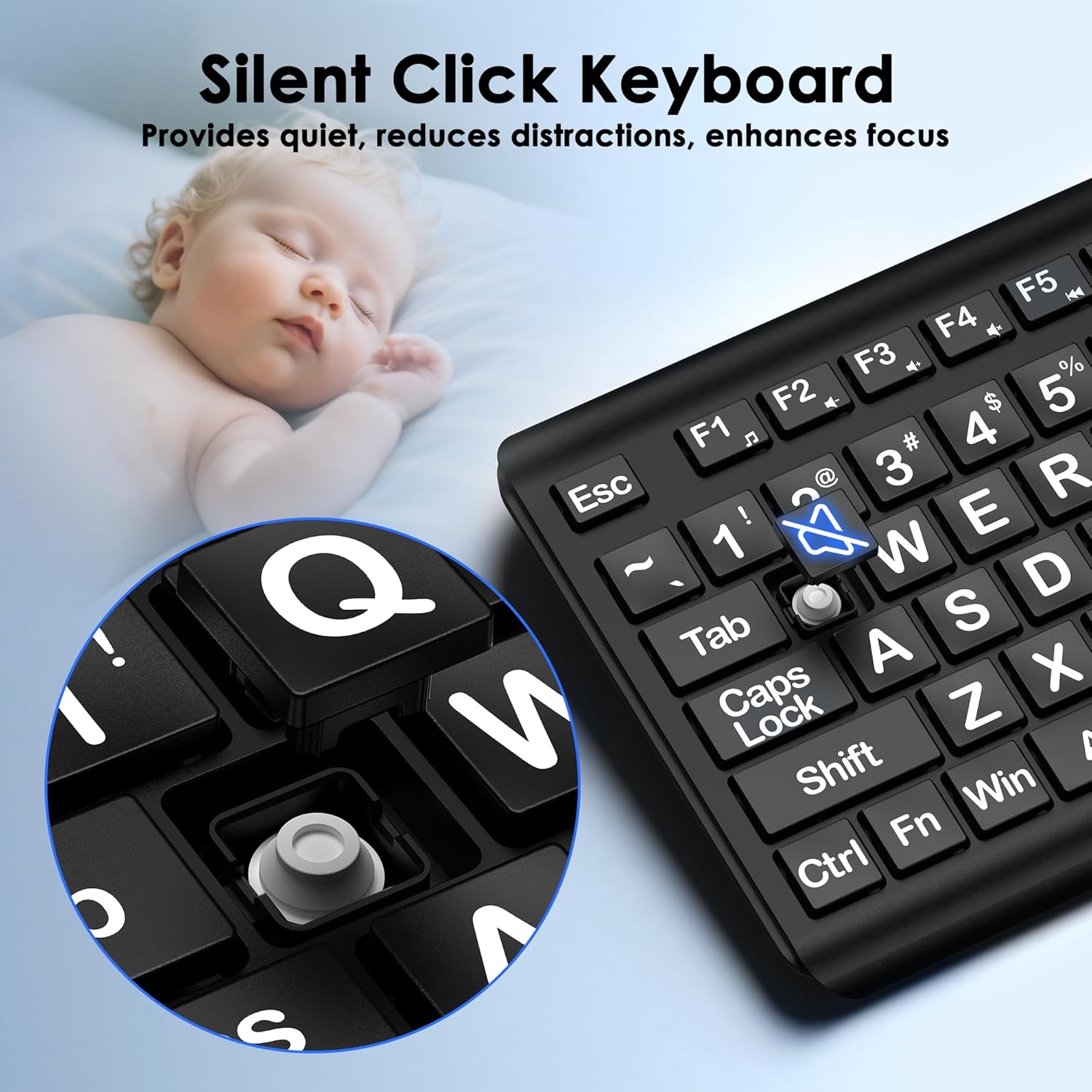 Large Print Computer Keyboard, Wired USB Full Size Quiet Keyboard with 4X Oversized Print Letters for Visually Impaired Low Vision Individuals Easy to See and Type for PC, Laptop,Windows