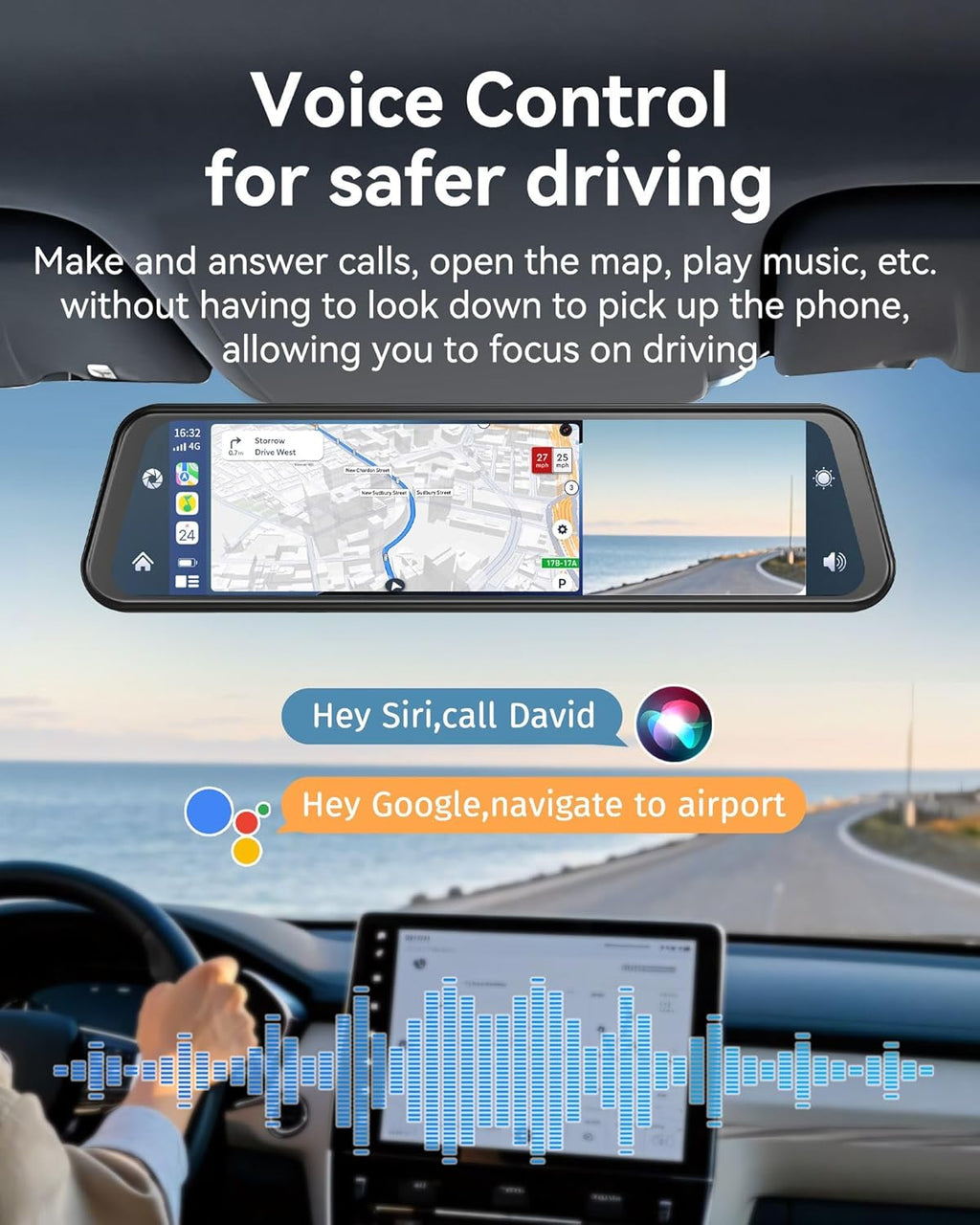 12'' Rearview Mirror Camera with CarPlay&Andorid Auto,4K Mirror Dash Cam Front and Rear Backup Camera with Reverse Assist/Loop Record/G Sensor/Voice Control&Split Touch Screen,64GB Card Included