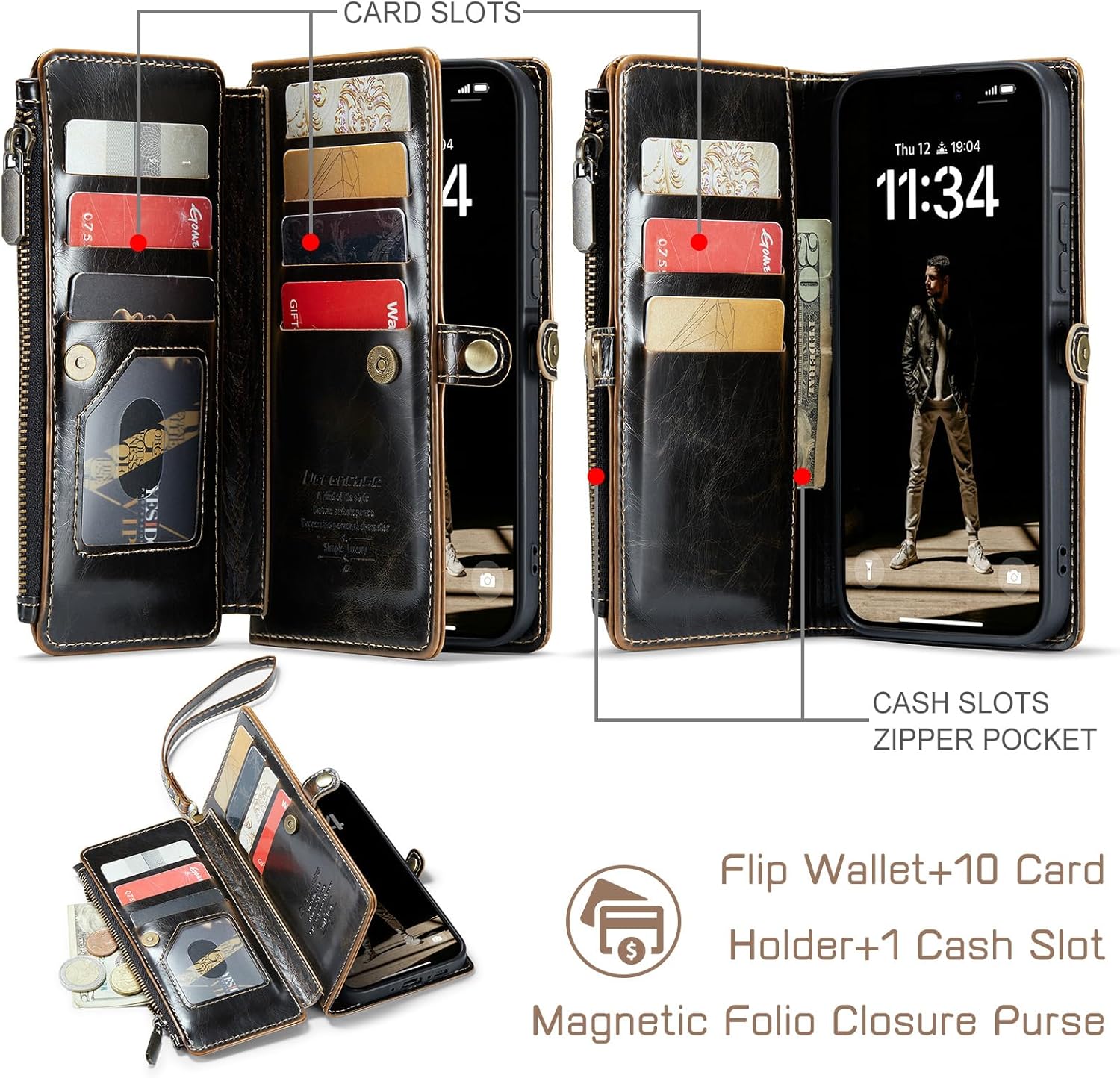Defencase for Galaxy A26 5G Case Wallet with RFID Blocking Card Holder for Women Men, Fashion PU Leather Magnetic Snap Flip Zipper Wrist Strap Wallet Phone Case for Samsung Galaxy A26 5G, Coffee
