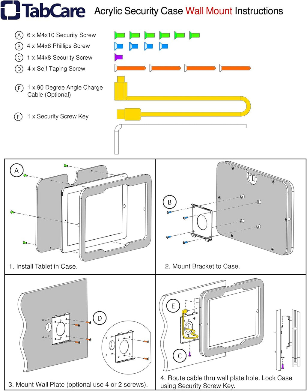 TABcare Anti-Theft Acrylic VESA Enclosure for Apple iPad Mini 1/2/3 with Free Wall Mount Kit & 90-Degree Angle Charge Cable (iPad Mini 1/2/3 8", Clear)