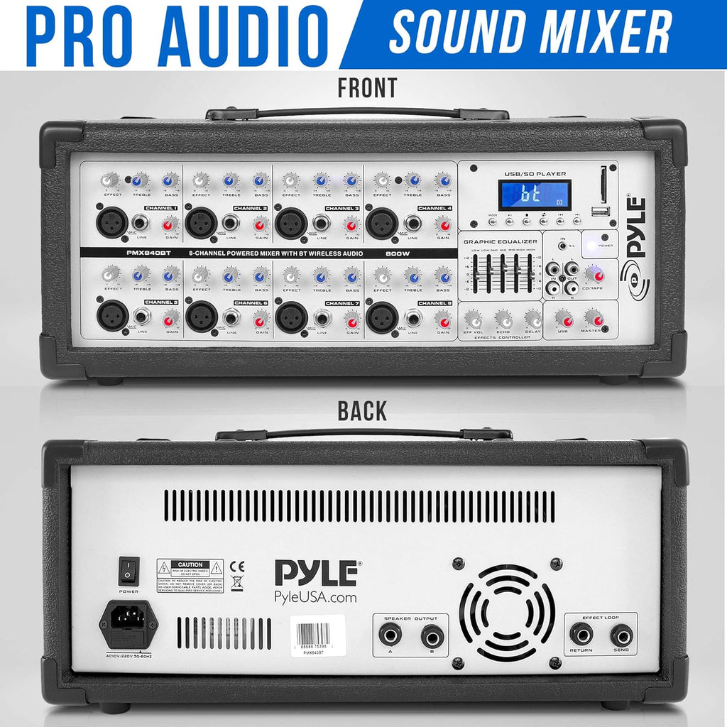 Pyle 800W Bluetooth Stage Powered Mixer - 8-Channel Pro Audio Sound System with MP3/USB/SD Readers - RCA/1/4” Effects Loop - Aux Input - Digital LCD Display - Built-in Cooling Fan - PMX840BT