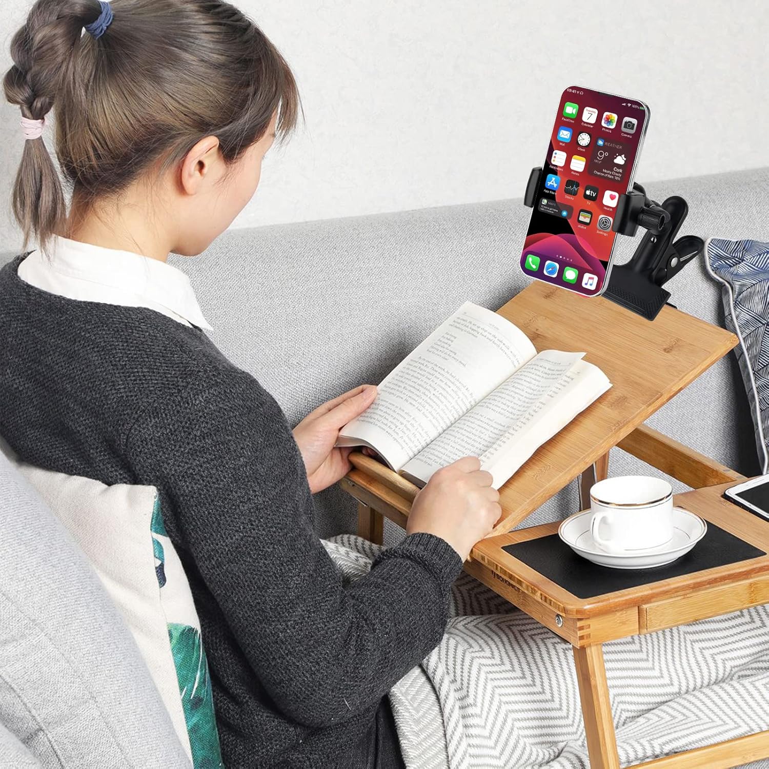 Clamp Phone Stand Holder for Desk/Table/Glass/Baffle/Easel/Guitar Head,360°Adjustable Aluminium Alloy Arm Metal Phone Mount,Compatible with iPhone/Nexus/HTC/LG/Huawei/Smart Phones