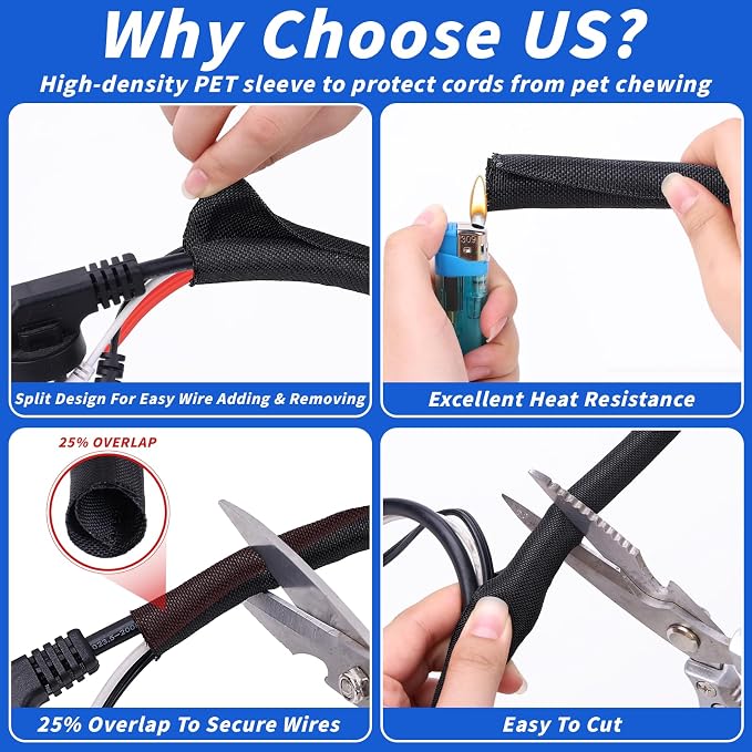 30FT Split Braided Sleeve Cable Management, 1/4 Inch Wire Loom Tubing Cord - Image 3