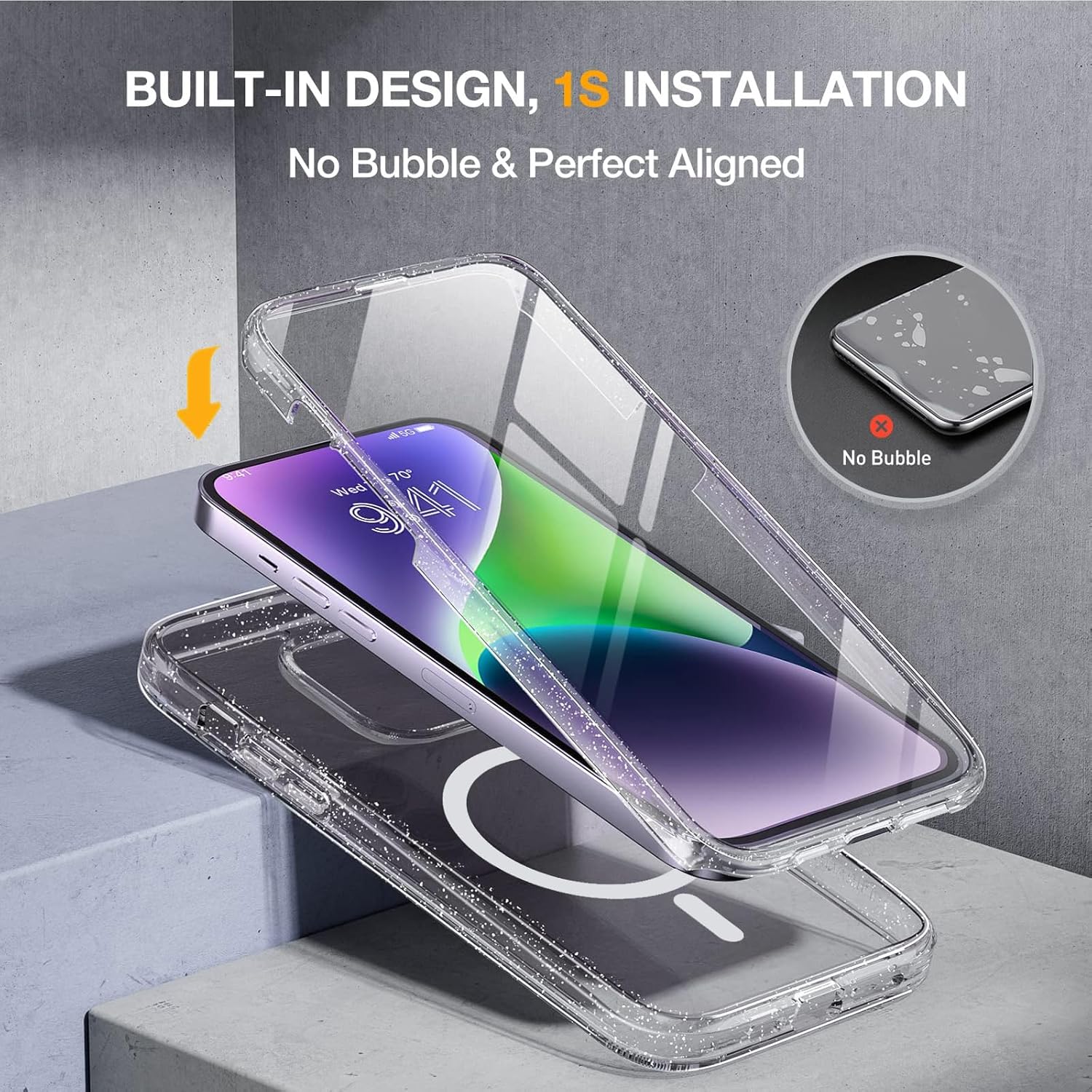 Miracase Magnetic for iPhone 14 Case 6.1", [Built-in Tempered Glass Screen Protector + Lens Protector] [Compatible with MagSafe] Full-Body Protective Bumper 14 Phone Cover, Clear Glitter