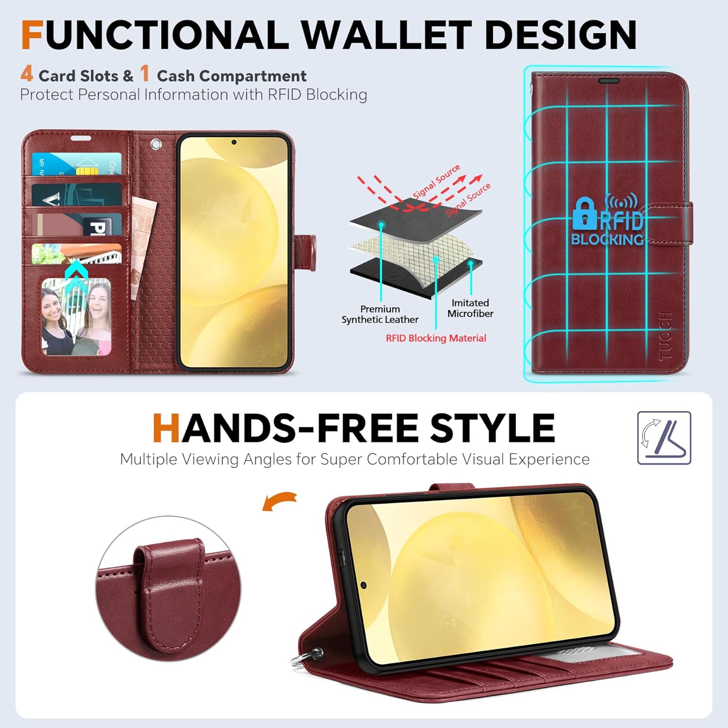 TUCCH Case Wallet for Galaxy S25 Plus, Detachable Wrist Strap [Wireless Charging] RFID Blocking 4 Card Holder, Removable Stand PU Leather Flip Shockproof Phone Cover for Galaxy S25 Plus 6.7", Dark Red
