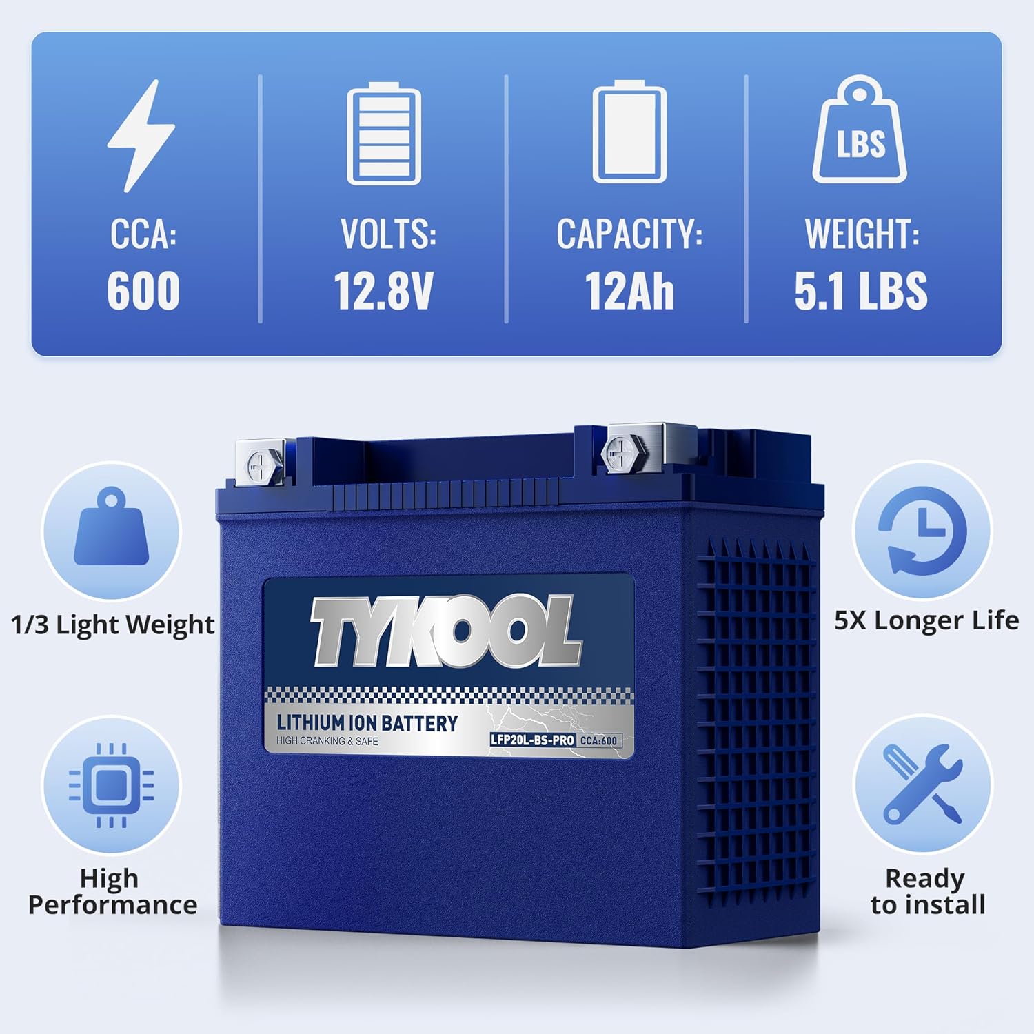 TYKOOL YTX20L-BS/YTX20HL/YB16CL-B High Performance LiFePO4 Lithium Motorcycle Battery,12V 12Ah, 600CCA,Digital Readout, Fits for ATV,UTV,Jet Ski,PWC,Snowmobile, Quad,Riding Lawn Mower, tractor