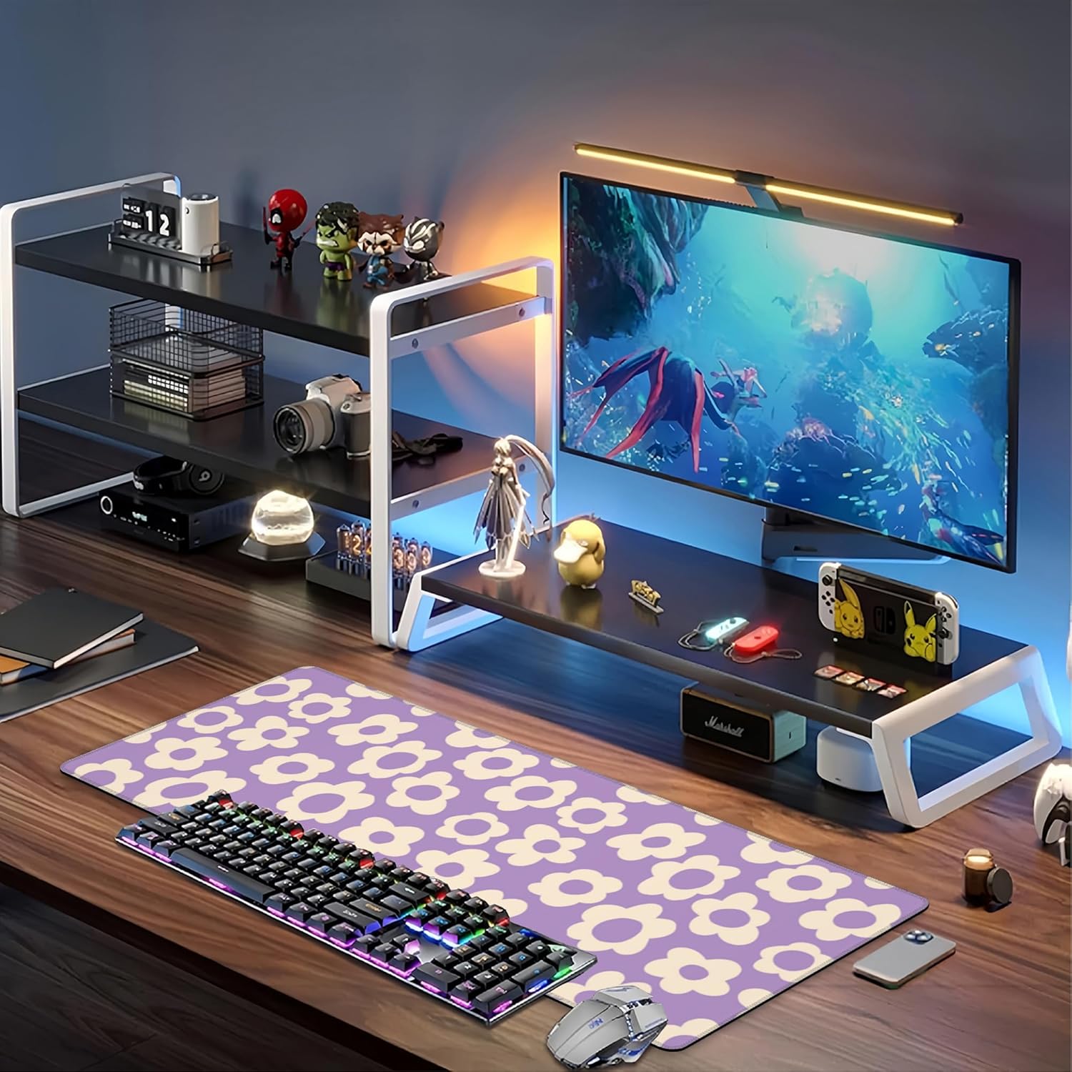 Purple Groovy Flowers Desk Mat,Large Vintage Floral Gaming Keyboard Mouse Pad,Non-Slip Rubber Base Desk Pad Thick Stitched Edges Waterproof Mousepad Mouse Mat 31.5"x11.8"