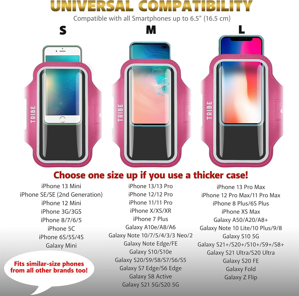 TRIBE Water Resistant Cell Phone Armband Case Running Holder for iPhone Pro Max Plus Mini SE (13/12/11/X/XS/XR/8/7/6/5) Galaxy S Ultra Plus Edge Note (21/20/10/9/8/7/6/5) Adjustable Strap & Key Pocket