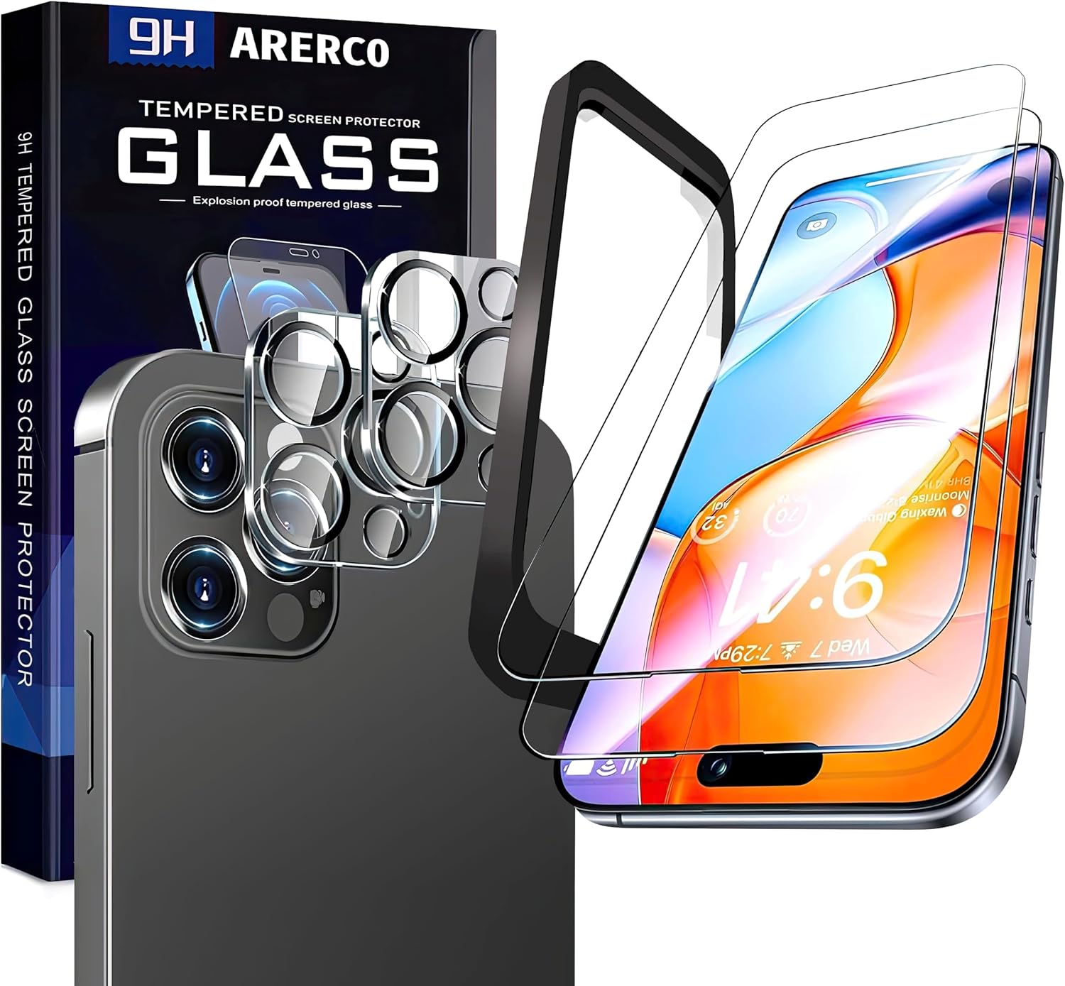 2 pack Full 9H+ Military Grade Glass Screen Protector for iPhone 15 Pro Max + 2 pack Camera Lens Protector with easy Installation Frame Case Friendly Shatterproof Tempered Glass 9H+ Hardness HD Clear Anti-Scratch Glass Full Edge Coverage (6.7) 15 ProMax