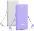 10000mAh Slim Portable Charger with Built in Cable, Power Bank Travel Charger External Battery Pack for Phone, 4 Output USB Type C Cord Clutch Charger Compatible with iPhone, 2 Pack White & Purple