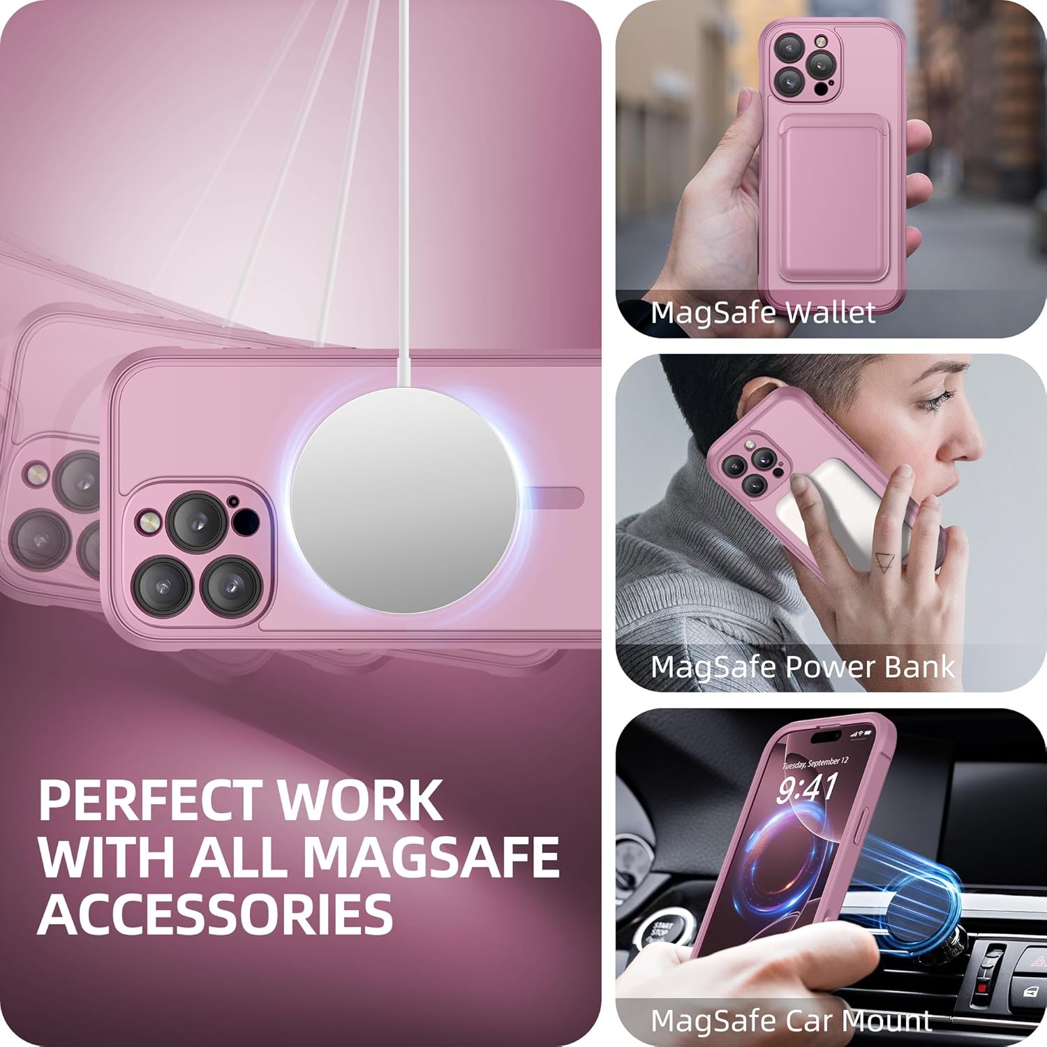BERFY Magnetic for iPhone 16 Pro Max Case, Compatible with MagSafe, [Built-in 9H Tempered Glass Screen Protector & Camera Protection] Full Body Matte Phone case for 16 Pro Max, Palevioletred