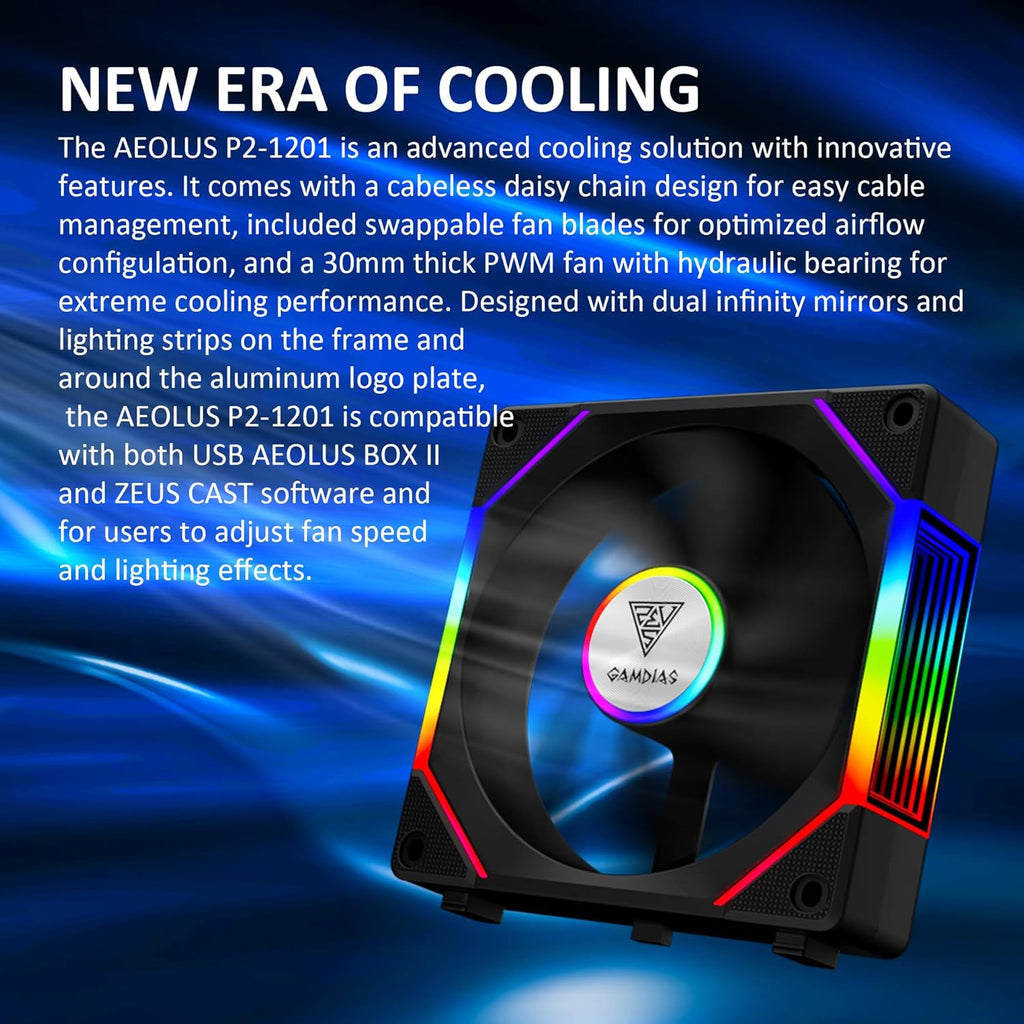 GAMDIAS 120mm ARGB PWM Case Fan, 2 Blades in 1 Fan Pack (Standard & Reverse Blades), Sync with RGB Motherboards, Easy Installation & Cable Management w/Cabless Daisy Chain Design