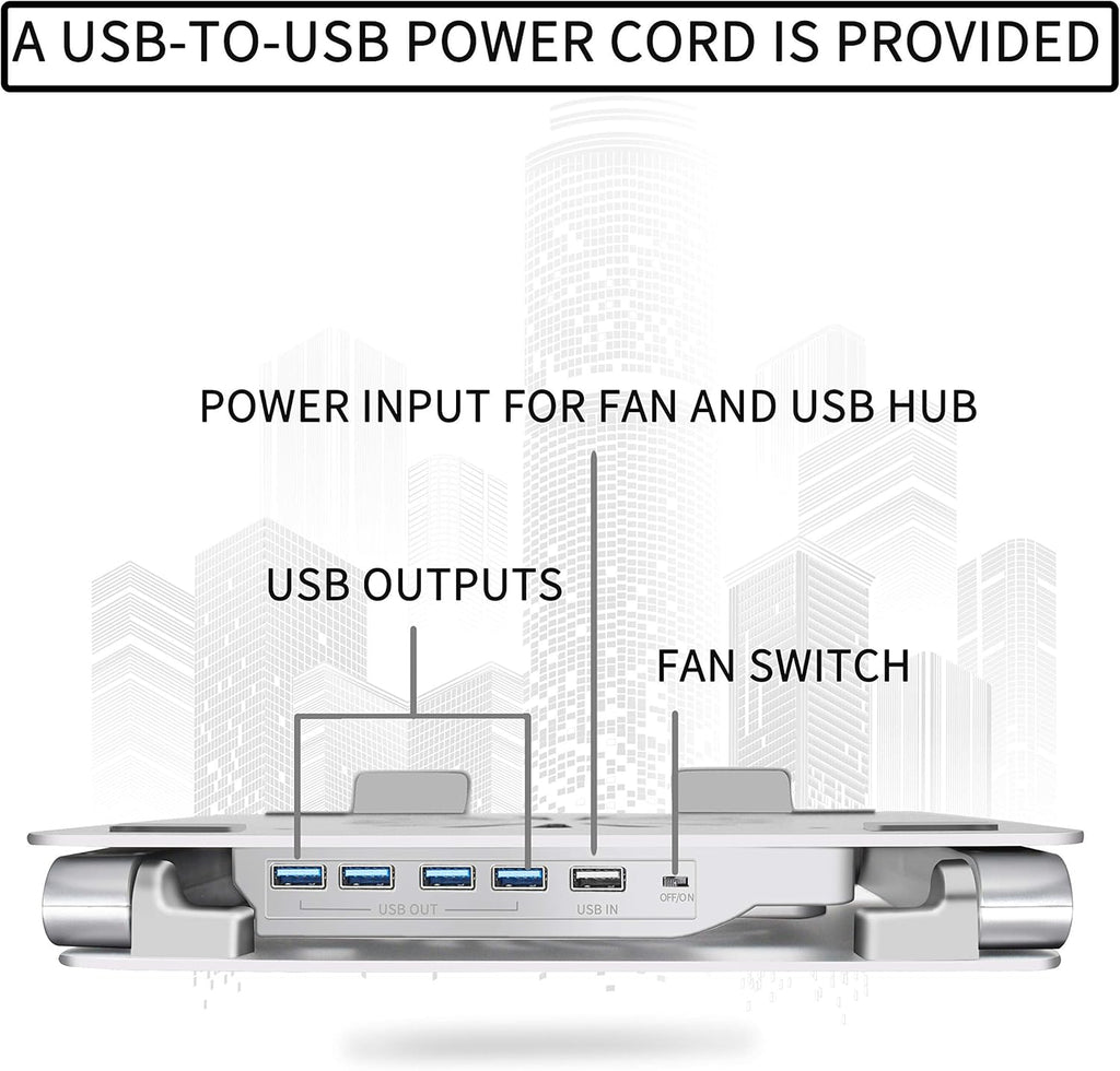 SOUNDANCE Laptop Cooling Pad with Low-Noise Fan and 3.0 USB Hubs, Ventilated Laptop Cooler Prevent Overheating, Ergonomic Laptop Stand Support Up to 17” Gaming Notebook Computer, Aluminum