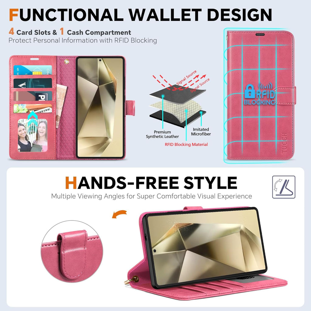TUCCH Case for Galaxy S25 Ultra, [Detachable] 2 in1 Magnetic PU Leather Wallet Case Wrist Strap RFID Blocking [Wireless Charging] 4 Card Holder Stand Removable Cover for Galaxy S25 Ultra, Hot Pink