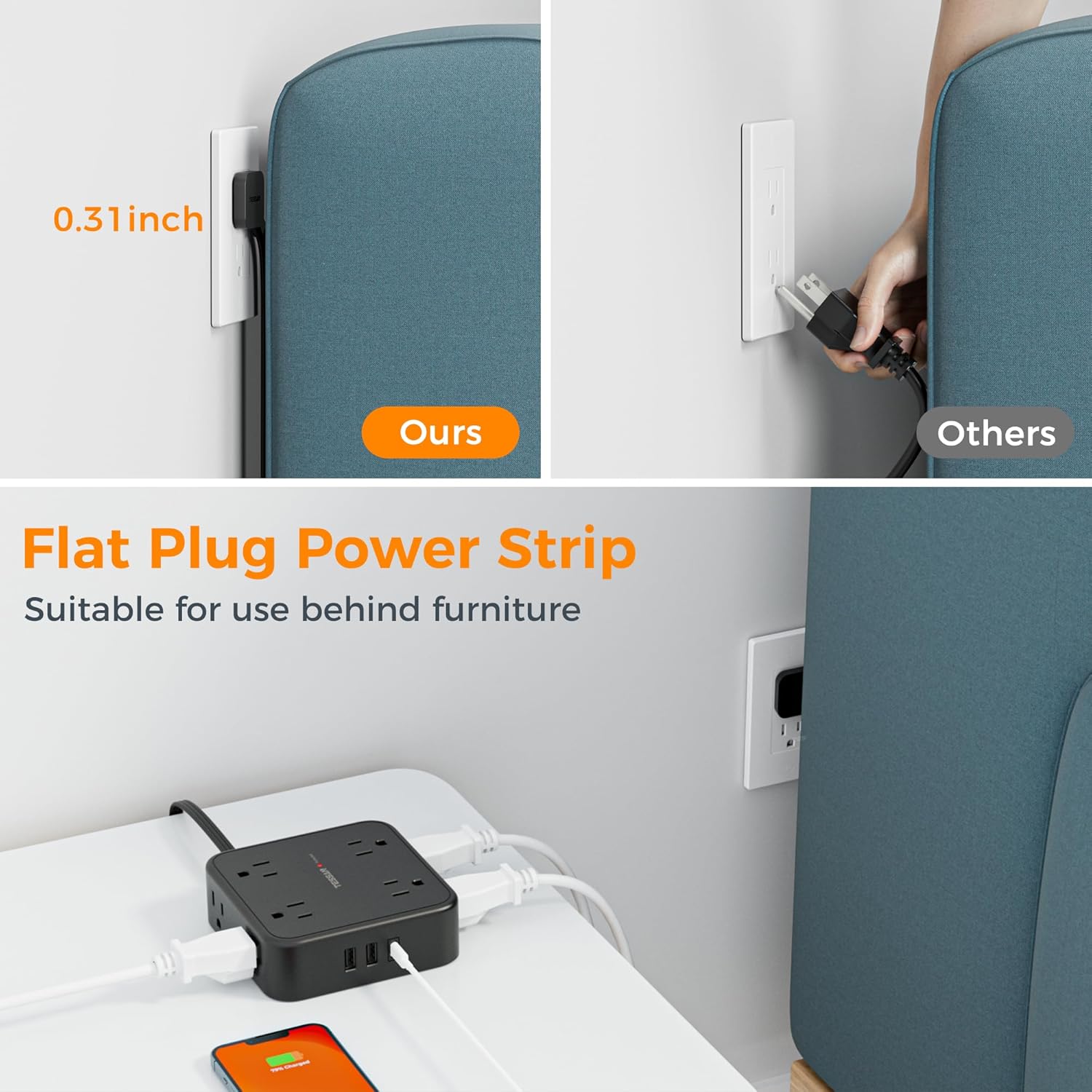 TESSAN Surge Protector Flat Plug Power Strip, Black Extension Cord, 8 AC Outlets, 3 USB Charger(1 USB C Port) 3 Side Outlet Extender, 5 Ft, 900 Joules Protection, Office Supplies, Dorm Essentials
