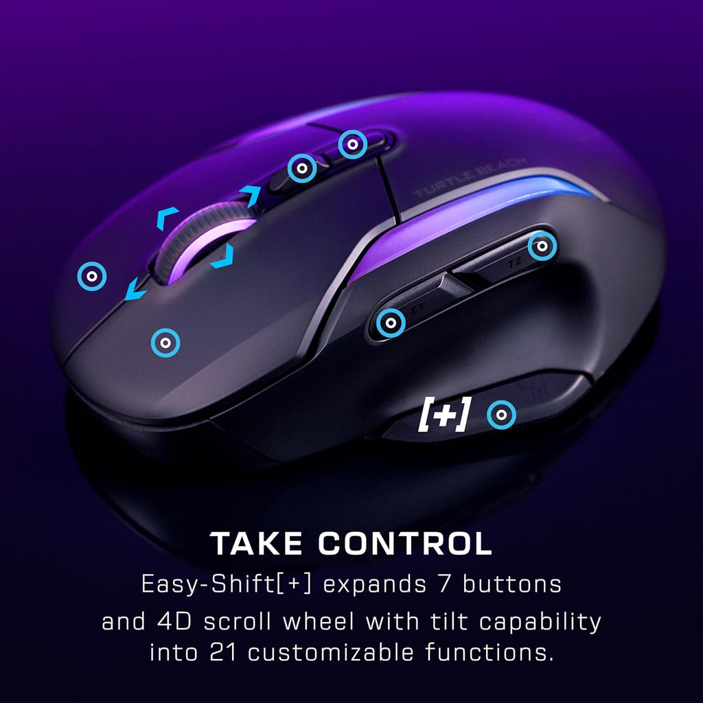 Turtle Beach Kone II Air – Wireless Ergonomic RGB Gaming Mouse, 350-Hr Battery, 26K DPI Optical Sensor, 100M Click Optical Switches, 21 Customizable Inputs, 4D Free-Spin Scroll Wheel – Ash Black
