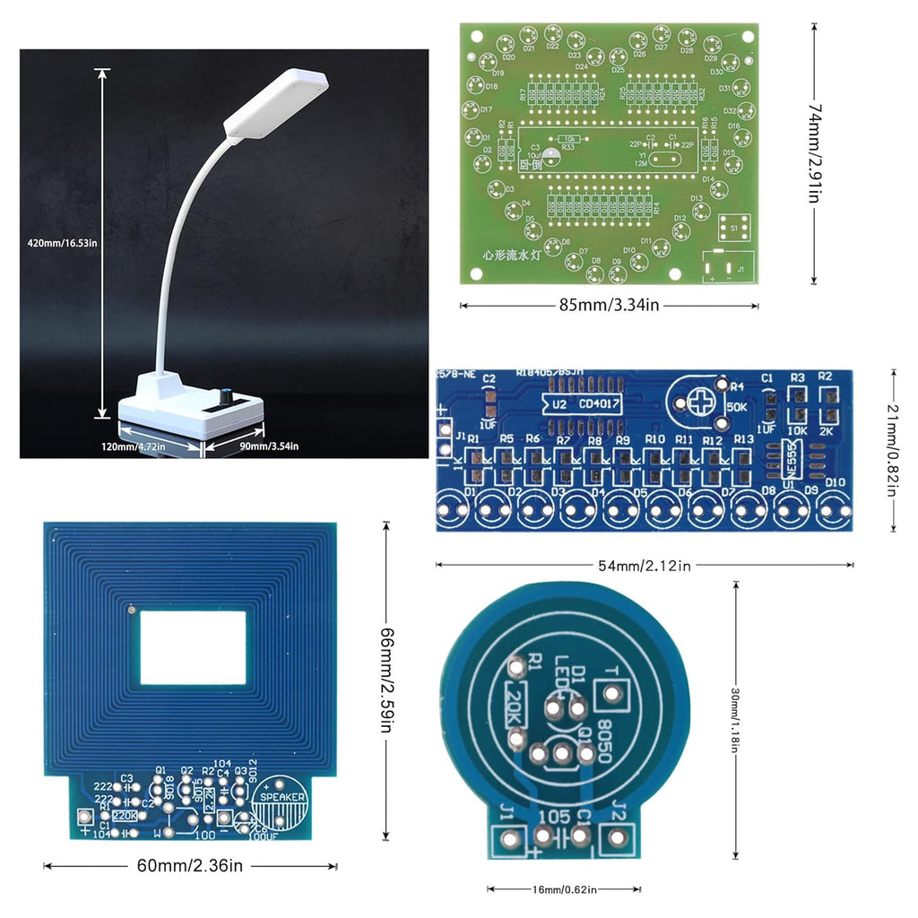 Soldering Practice Kit 5-in-1 DIY Classic Desk Lamp, Square Metal Detector, Small Tesla, Heart Shaped Flow Lamp Soldering Skills Learning DIY Electronic Product Soldering Kit