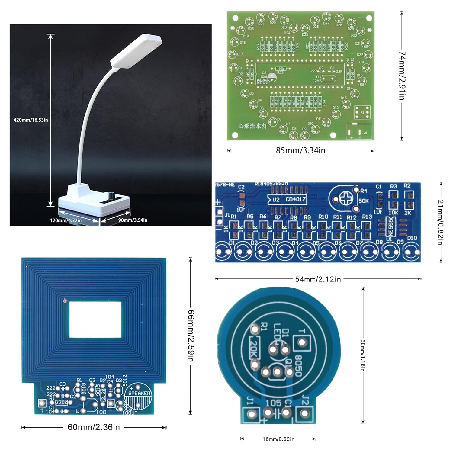 Soldering Practice Kit 5-in-1 DIY Classic Desk Lamp, Square Metal Detector, Small Tesla, Heart Shaped Flow Lamp Soldering Skills Learning DIY Electronic Product Soldering Kit