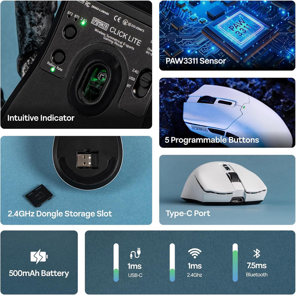 EPOMAKER Click Lite Wireless Gaming Mouse, 800 to 12,000 DPI Adjustable, PAW3311 Sensor, 500mAh, 59g, 2.4G/BT/USB-C Rechargeable Wireless Mouse with 5 Programmable Buttons for PC/Mac/Linux (White)
