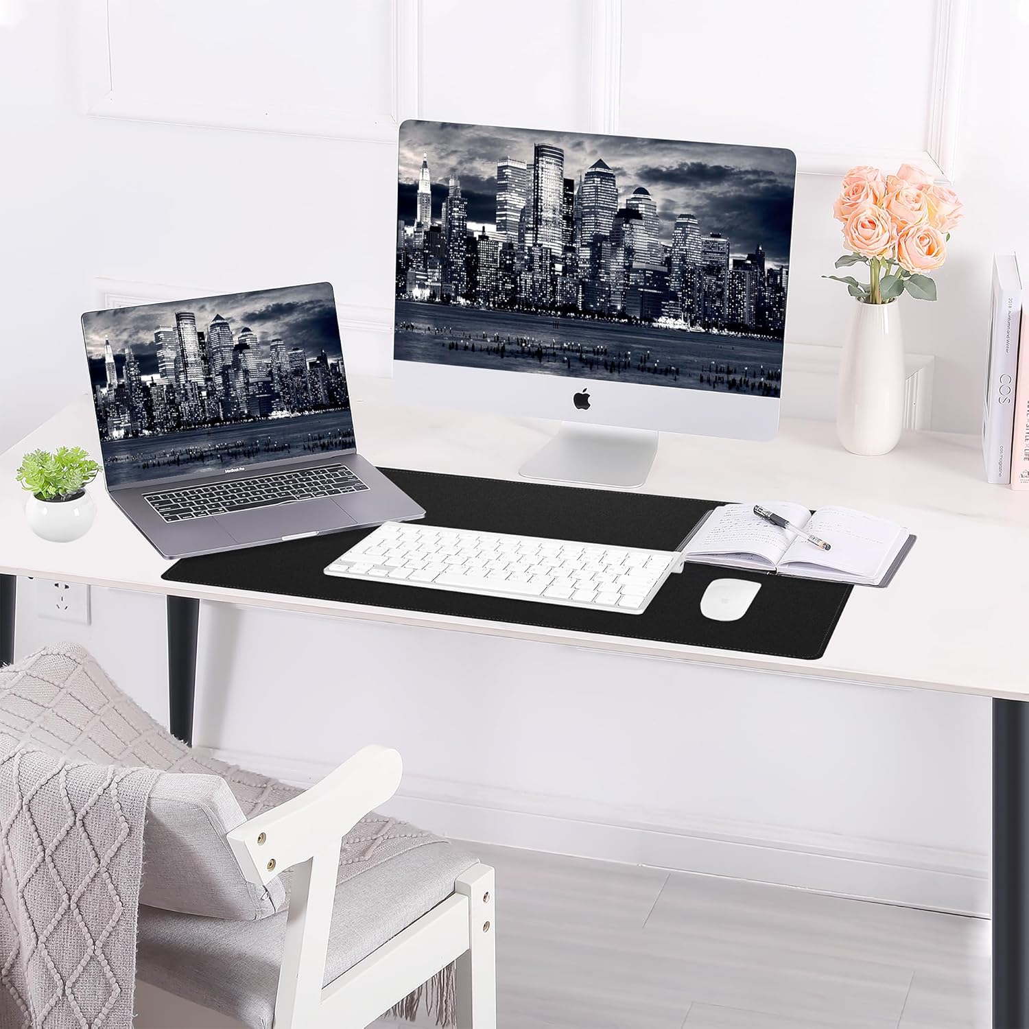 AFIING Dual-Sided Desk Pad, Natural Cork & PU Leather, Desk Mat Protector Non-Slip, Waterproof, Easy Clean,Large Mouse mats for Office and Home Work(Black, 31.5"x17")