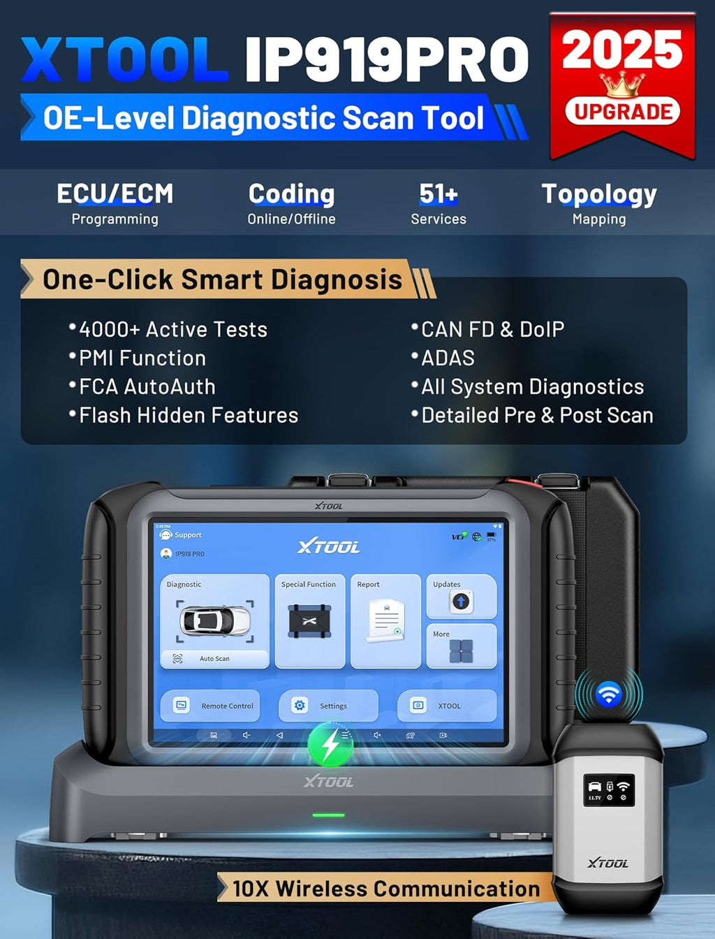 XTOOL IP919 PRO Scan Tool, ECU Programming Car OBD2 Scanner with Topology Mapping, Upgrade of D9S PRO, 51+ Resets, ECU Coding, FCA/CAN FD/DoIP, Automotive Bidirectional Scan Tool with 3-Year Updates