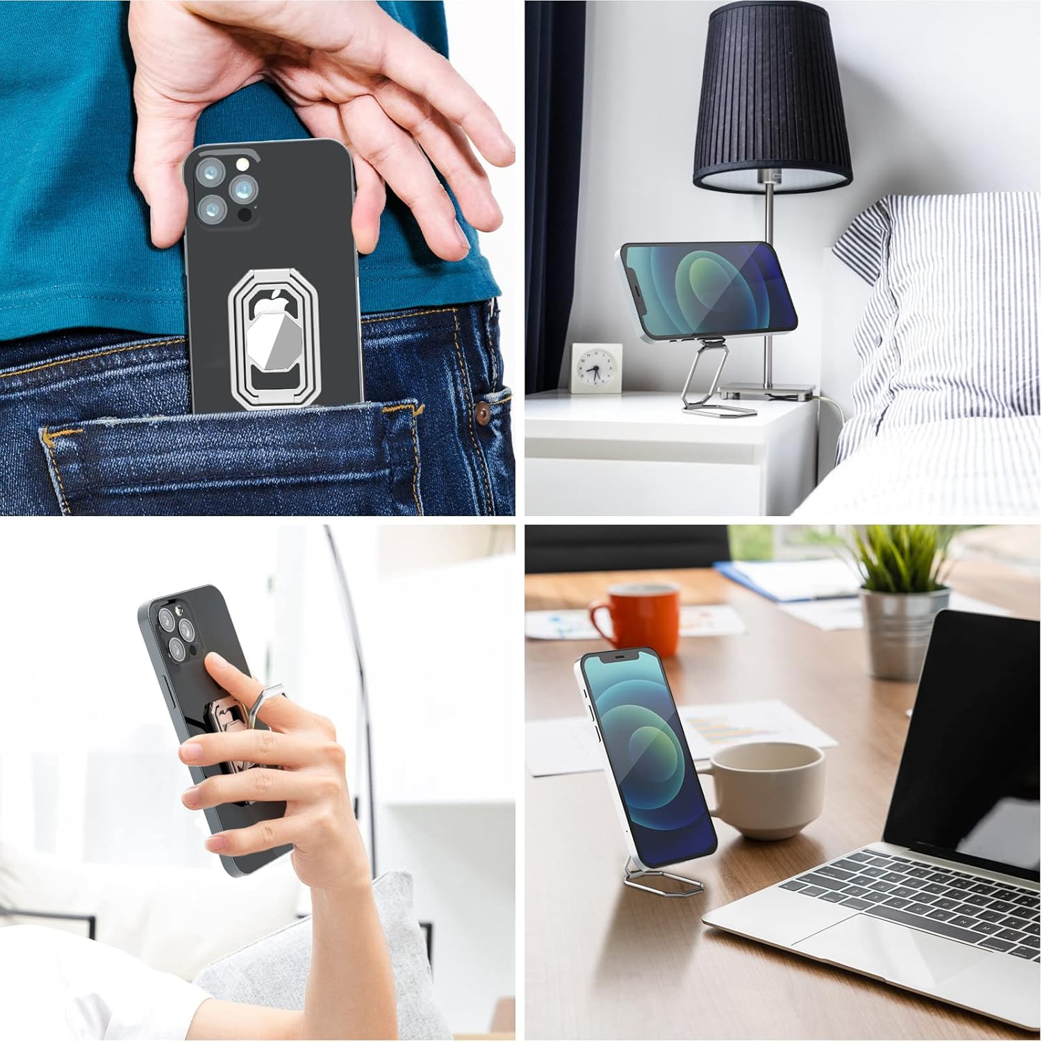 Phone Ring Holder Finger Kickstand, Upgraded 360° Rotation Metal Phone Grip for Magnetic Car Mount Foldable Cell Phone Stand Compatible with Most Smartphones