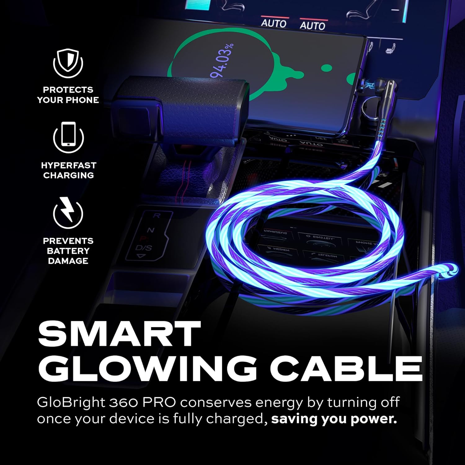 Statik 360 Pro Magnetic Charging Cable - Type C Charger Fast Charging 3 in 1 USB C to USB C Cable, Micro USB & iProduct Tips, USB A Adapter, Fits All Devices - 100W Fast Charger, GloBright 6FT/2M