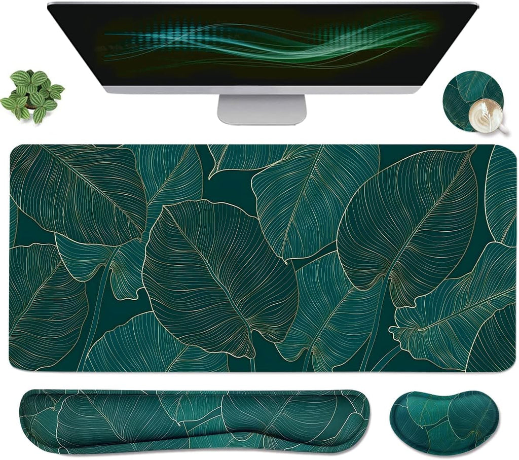 Ergonomic Large Mouse Pad and Keyboard Wrist Rest, Desk Pad for Keyboard and Mouse, 4-in-1 Large Gaming Mouse Pad with Wrist Support for Home Office Study Game-Green Leaves