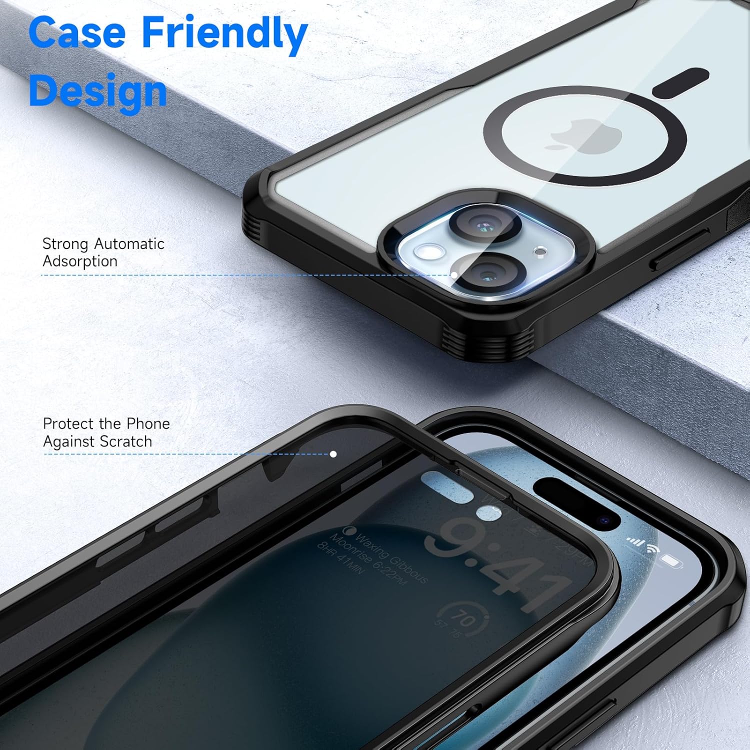seacosmo for iPhone 15 Case, Full Body Bumper with Built-in 9H Tempered Glass Privacy Screen Protector and Camera Lens Protector, Compatible with MagSafe, Shockproof Phone Cover, 6.1", Black