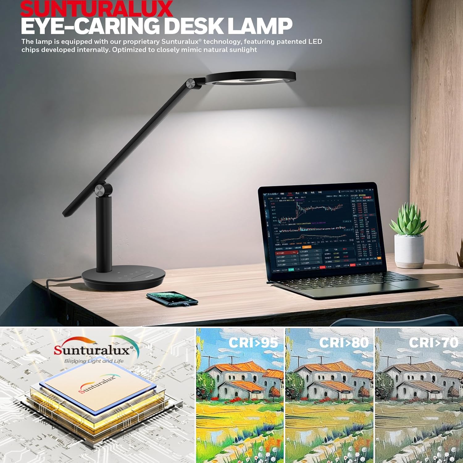 Honeywell Desk Lamp for Home Office, H6 Sunturalux™ Eye-Caring Led Desk Light, 800LM Dimmable Desk Lamp with Timer, Touch Control Tall Desk Reading Light, Table Lamp for Circle Webcam, Study, Bedroom
