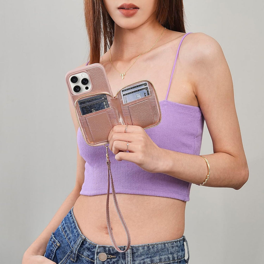 ZVE Wallet Case iPhone 15 Pro Max, Phone Case with Card Holder Wrist Strap, RFID Blocking Zipper Leather Gift Cover for Women for iPhone 15 Pro Max, 6.7"(2023) - Rose Gold