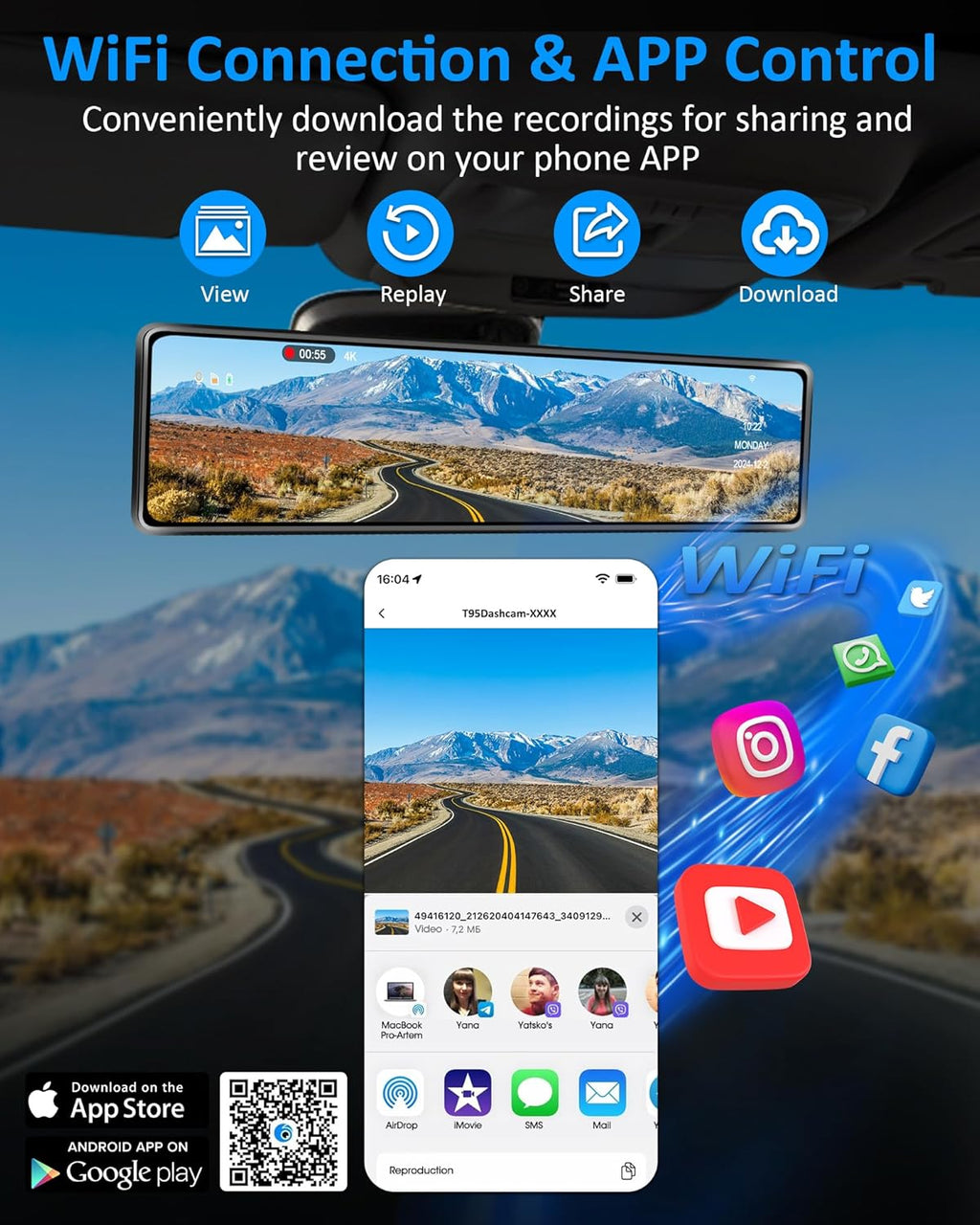 WiFi 4K Rear View Mirror Camera 12" Mirror Dash Cam Front and Rear w 64G TF Card WDR & HDR Night Vision Loop Recording 24H Parking Assistance Rear View Mirror Dash Cam 2160P