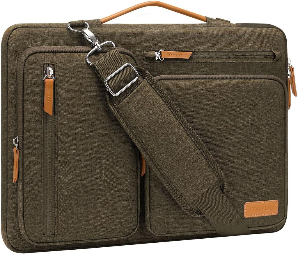 MOSISO 360 Protective Laptop Shoulder Bag,15-15.6 inch Computer Bags Compatible with MacBook Pro 16 inch, HP, Dell, Lenovo, Asus Notebook,Side Open Messenger Bag with 4 Zipper Pockets, Carob Brown