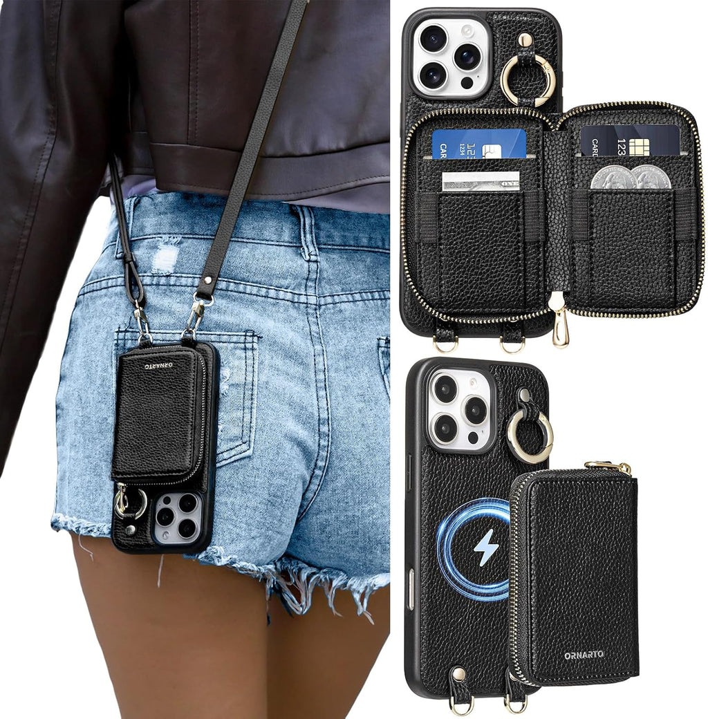 ORNARTO Magnetic Detachable Wallet Case for iPhone 16 Pro Max, [Compatible with MagSafe], Crossbody Wallet Case with Card Holder Wrist Strap, RFID Blocking PU Leather Wallet Phone Cover 6.9", Black