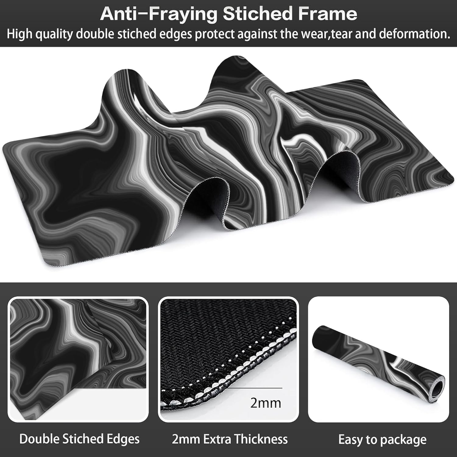Black and White Marble Desk Mat,Large Marble Ink Texture Gaming Keyboard Mouse Pad,Non-Slip Rubber Base Desk Pad Thick Stitched Edges Waterproof Mousepad Mouse Mat 31.5"x11.8"
