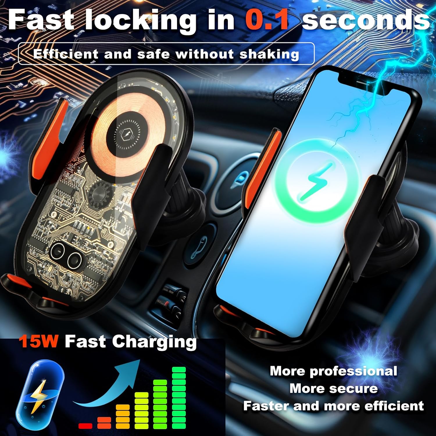 Car Phone Holder, Wireless Car Charger Air Vent Auto-Clamp Cell Phone Car Mount with Metal Hook Clip, 360° Rotation - One Button Release for iPhone, Samsung, Google, and All Other Smartphones
