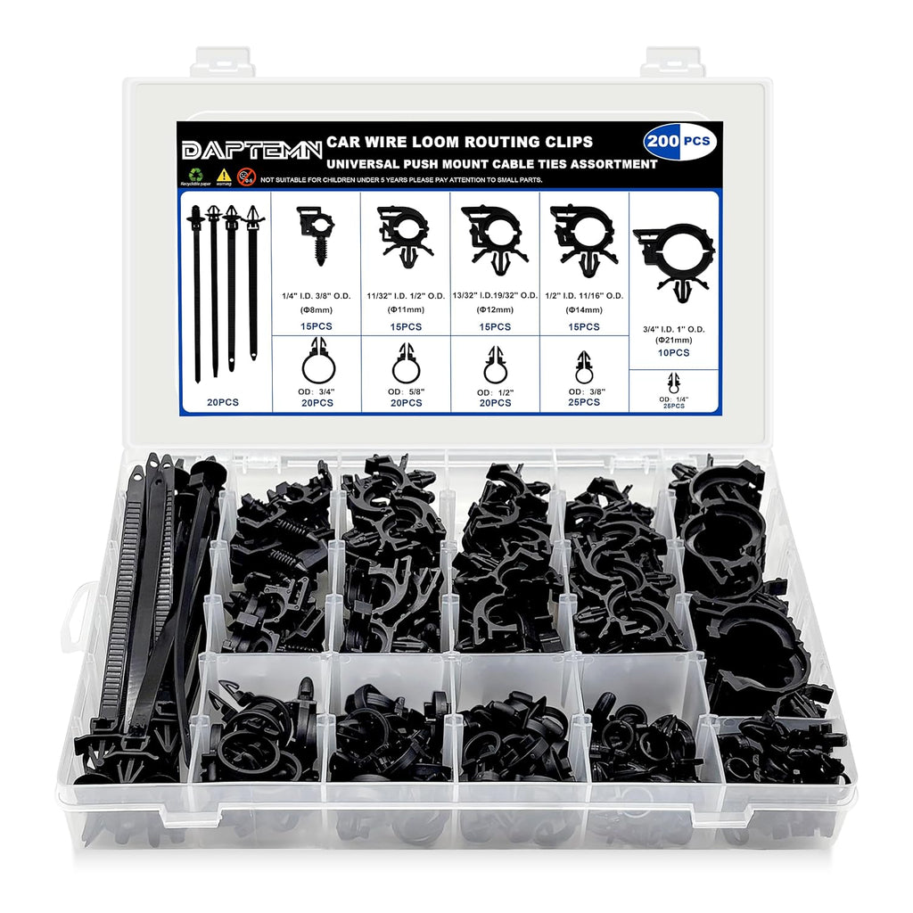 200 PCS Car Wire Loom Routing Clips Assortment Kit 14 Sizes Wiring Harness Routing Clips Push Mount Cable Zip Tie Replacement Parts for Universal Honda GM Mazda