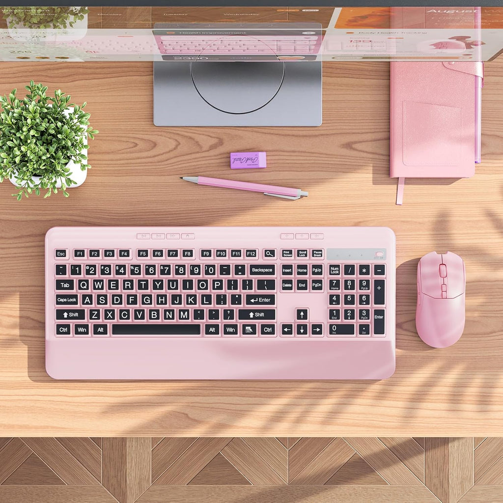 Silent Wireless Keyboard and Mouse Combo - Keyboard with Large Print Cover, 2.4GHz Full-Sized Ergonomic Keyboard with Wrist Rest and Mouse for Laptop, PC, Notebook, Desktop